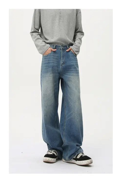 Jean Washed vintage whisker loose wide-leg straight jeans y2k Size US 32 / EU 48 - 8 Thumbnail