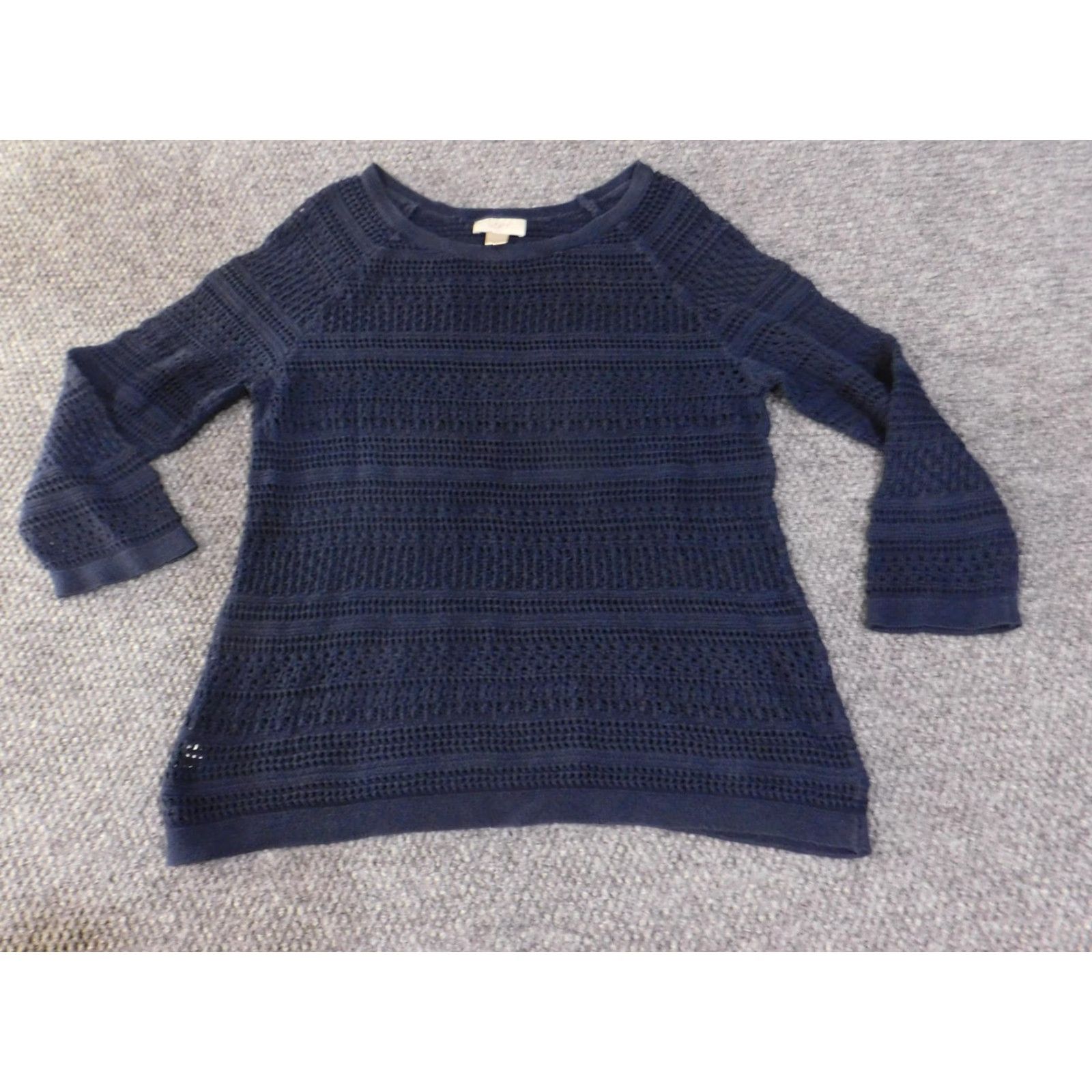 Loft LOFT Sweater Women Large Navy Blue Open Knit 3/4 Sleeve Pullover Crewneck 100% Cotton Crochet Accents Womens Size L / US 10 / IT 46 - 4 Thumbnail