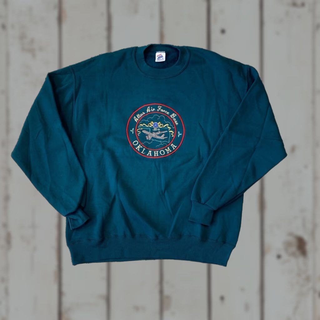 Jerzees VINTAGE Jerzees Oklahoma Air Force Base Sweatshirt Teal Large Military Crew Neck Long Sleeve Graphic Print Mens Pullover 80s UX? Size US L / EU 52-54 / 3 - 1 Thumbnail