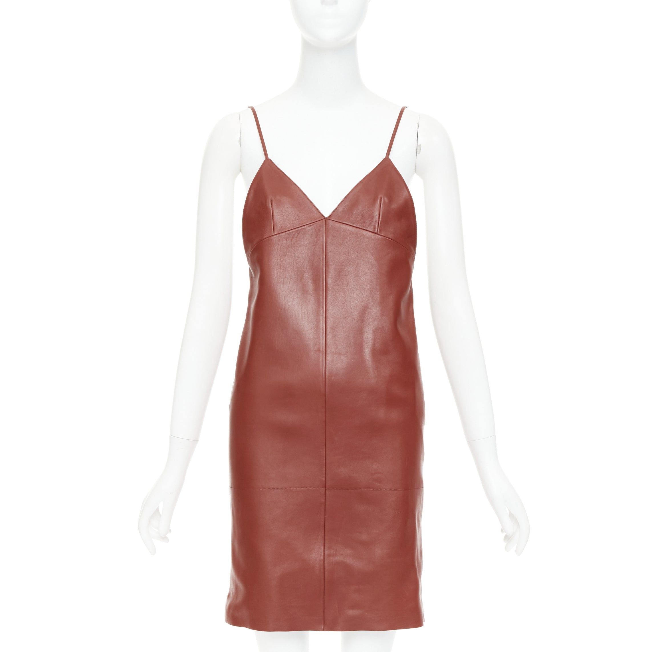 Saint Laurent Paris SAINT LAURENT 2024 Goji burgundy lambskin leather plunge low cut back slip dress FR34 XS Size XS / US 0-2 / IT 36-38 - 1 Thumbnail