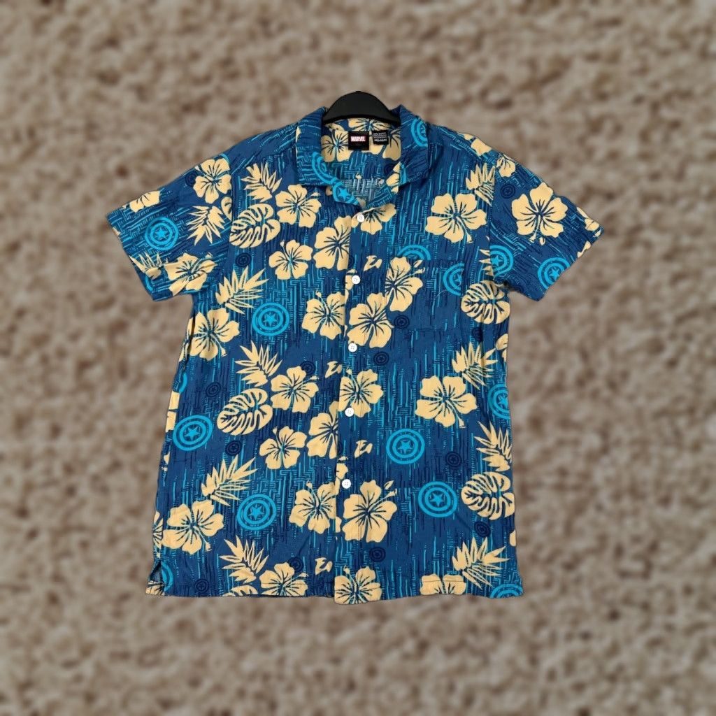 Vintage Captain America Shirt Mens Small Blue Beige Floral Marvel Comics Hawaiian Button Up Size US S / EU 44-46 / 1 - 1 Thumbnail