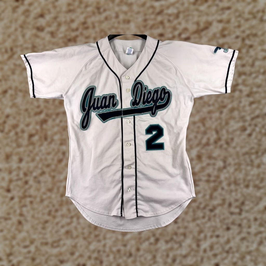 Vintage VINTAGE Rawlings Juan Diego Jersey Adult Medium White Nylon Button-Up 2 | 90s Hip Hop Music Logo Embroidered Casual Mens Size US M / EU 48-50 / 2 - 1 Thumbnail