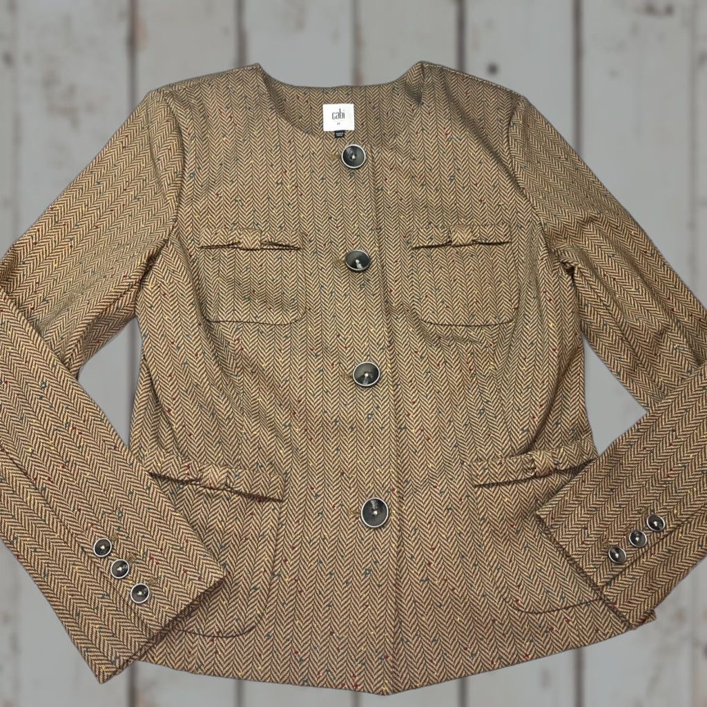 Vintage VINTAGE CAbi Penny Herringbone Tan JACKET LRG Button Blazer 3170 Bow pockets Round Neck Size L / US 10 / IT 46 - 1 Thumbnail