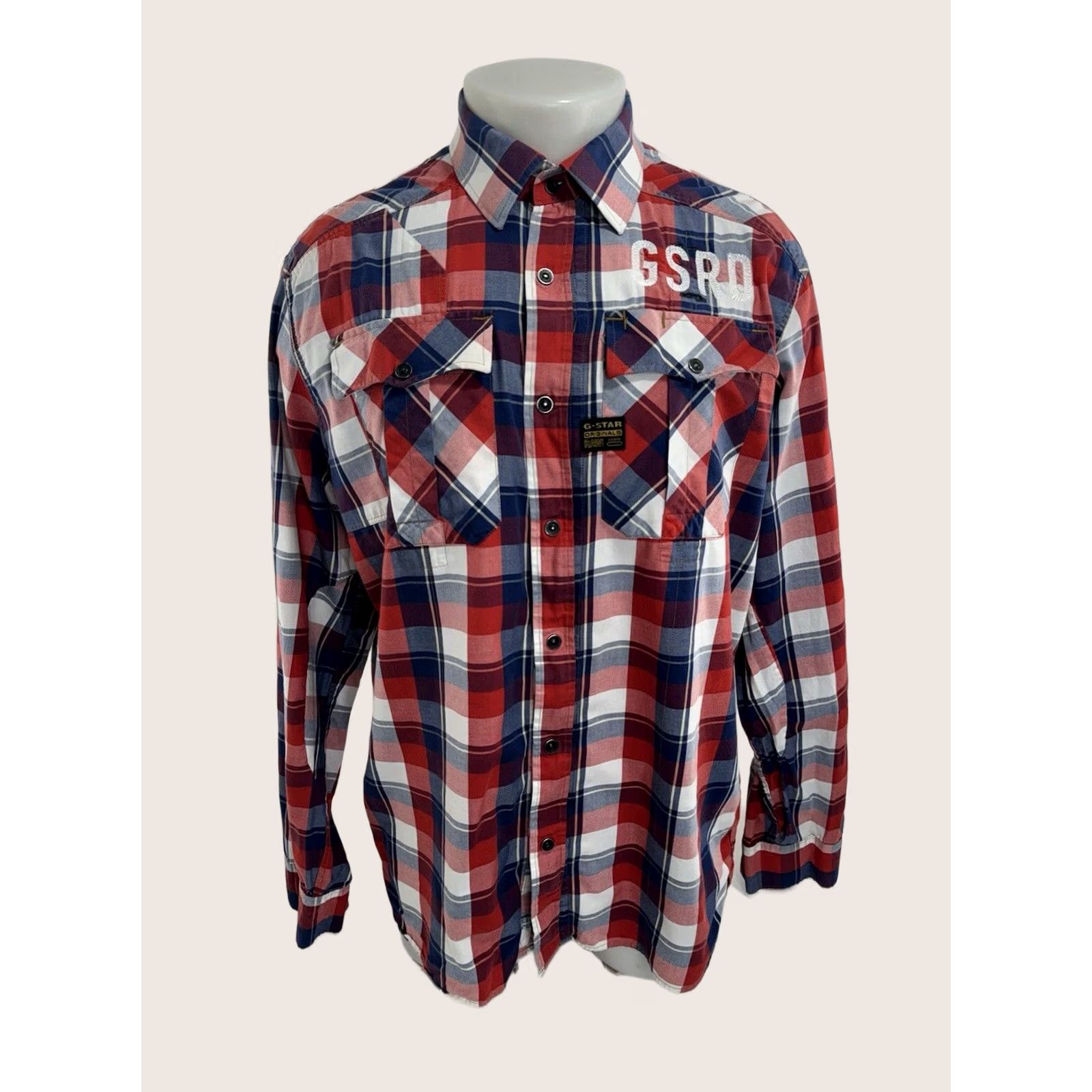 G-Star G-STAR RAW Plaid Shirt / Full Zip Embroidered L / XL Red White Blue Snap Button-Up - Men’s Long Sleeve, 2XL, Stars Theme, EXCELLENT Size US XXL / EU 58 / 5 - 1 Thumbnail