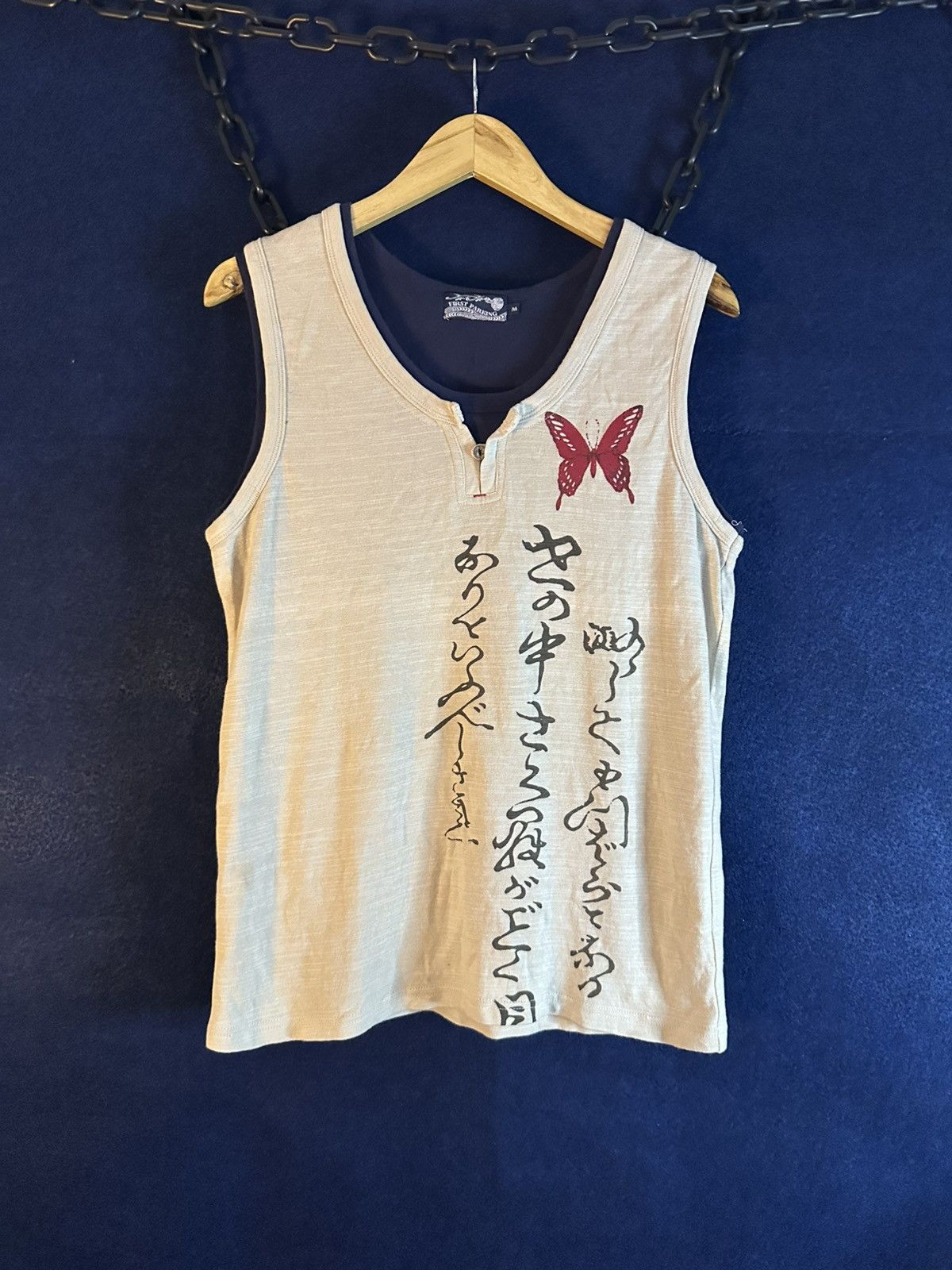 Japanese Traditional Sleveless Henley Butterfly Graphic