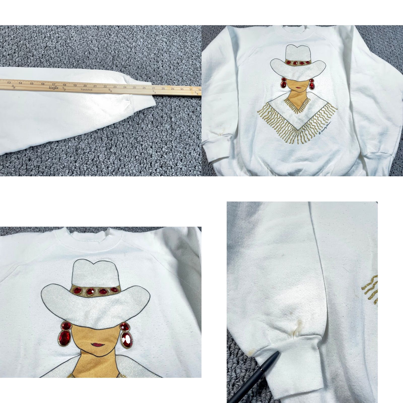 Fruit Of The Loom VINTAGE VTG Western Country Hat Lady Print Sweatshirt Adult Large White Bejeweled Size L / US 10 / IT 46 - 8 Thumbnail