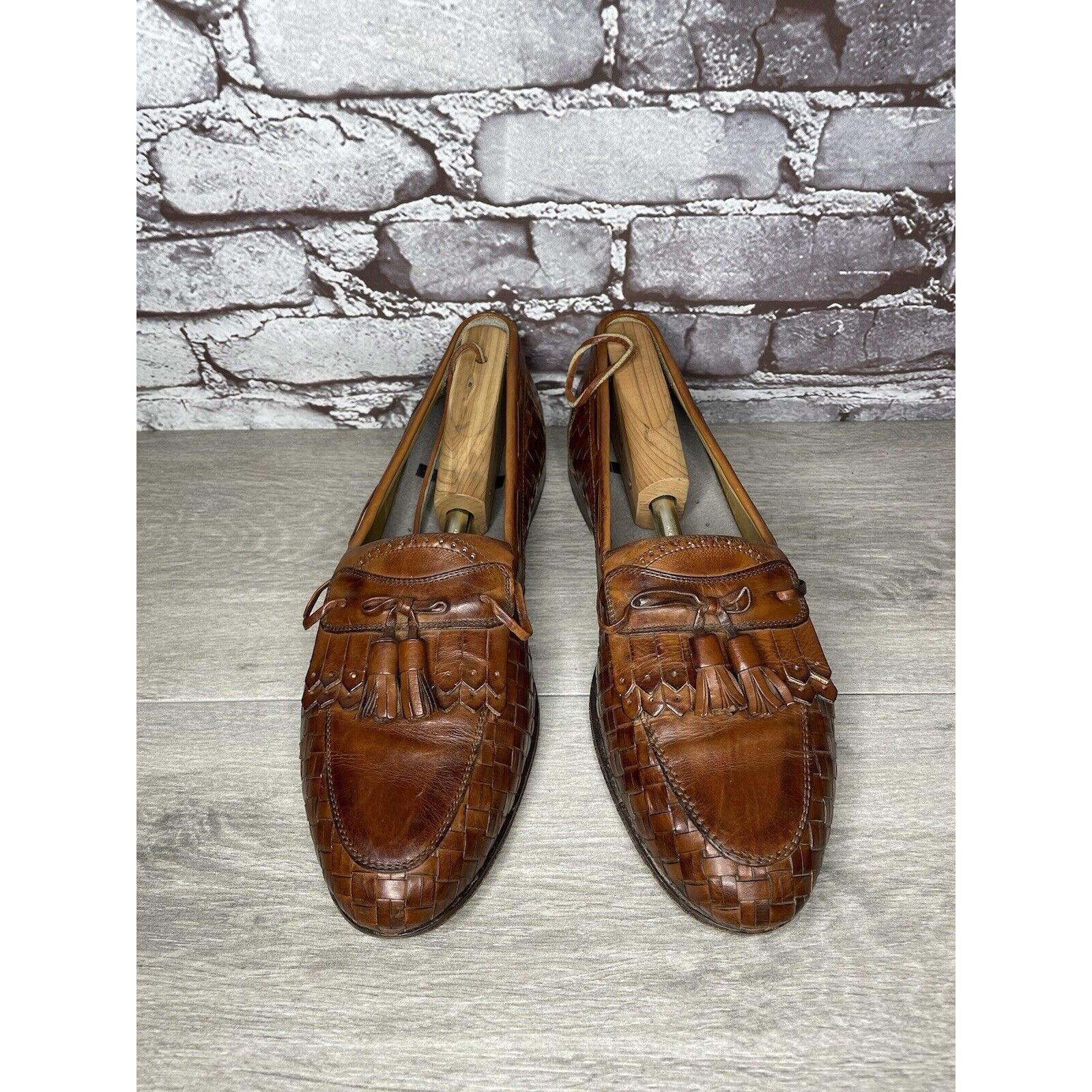 Johnston & Murphy Johnston & Murphy Brown Leather Woven Kiltie Tassel Loafers Size US 12 / EU 45 - 16 Thumbnail