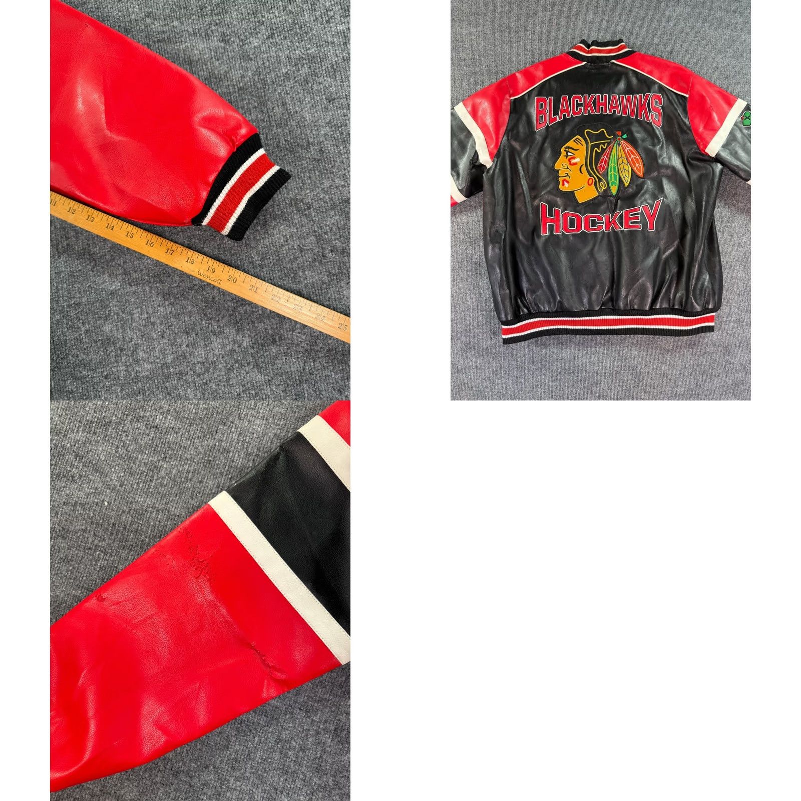 NHL Chicago Blackhawks Jacket Mens XL Black Red Faux Leather Varsity Bomber Zip NHL Size US XL / EU 56 / 4 - 9 Thumbnail