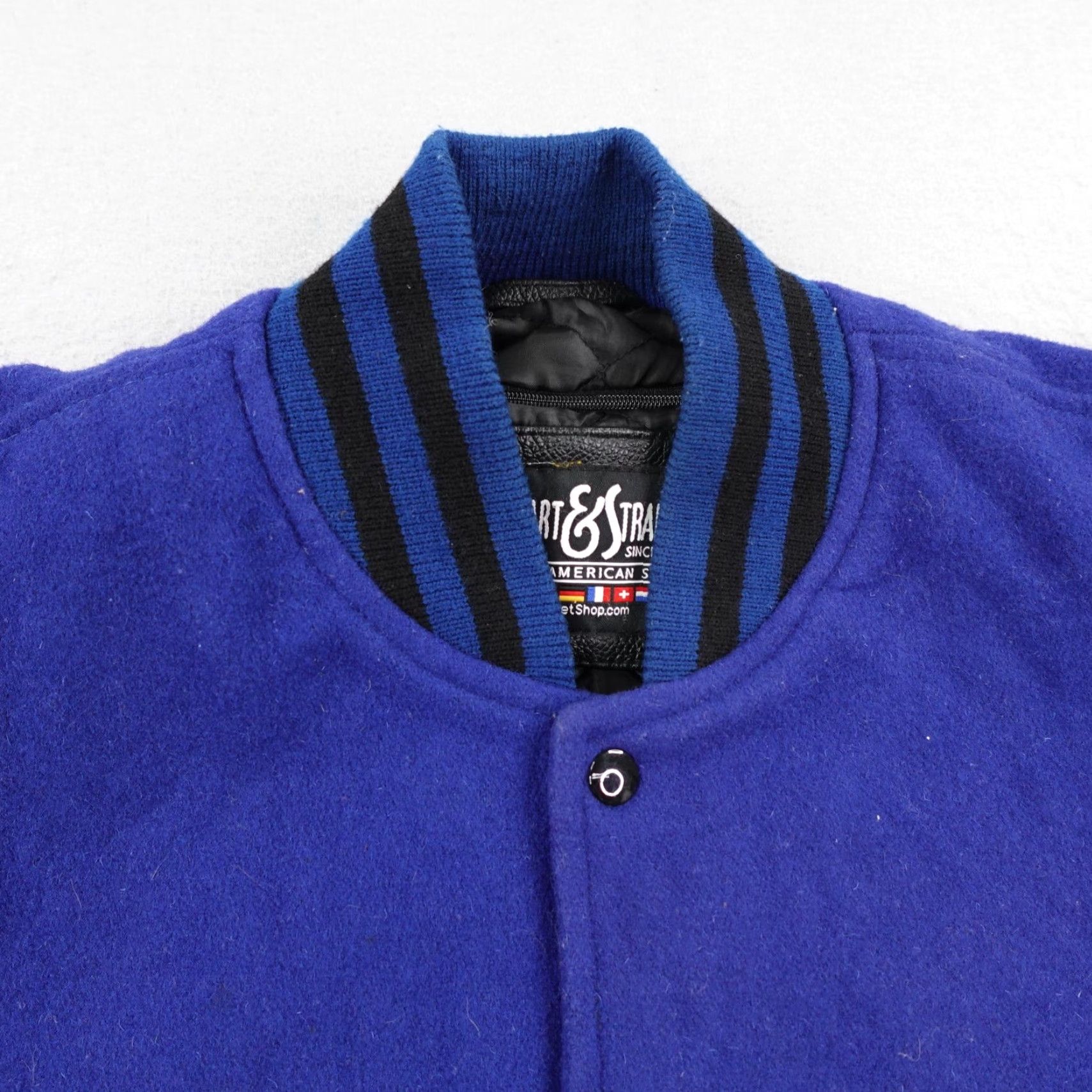 Vintage Stewart & Strauss Jacket Mens XL Blue Black Wool Leather Varsity Coat Quilted Size US XL / EU 56 / 4 - 2 Thumbnail