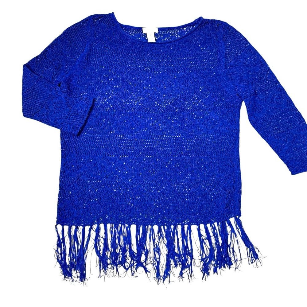 Chicos Chico's Blue Knit 3/4 Sleeve Fringe Top Size 2 US L Size L / US 10 / IT 46 - 5 Thumbnail