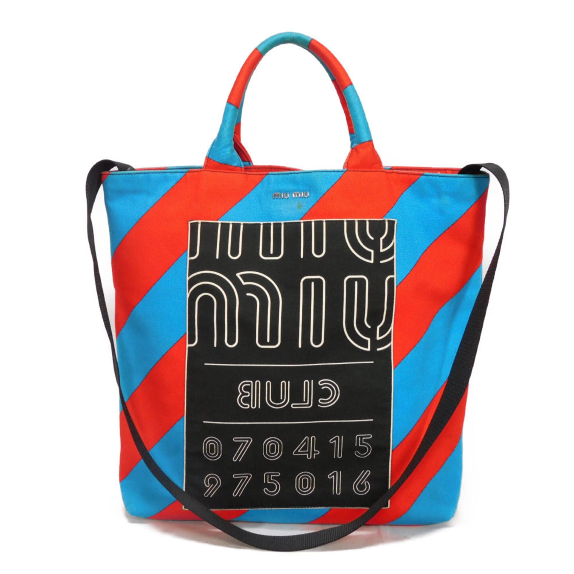 Miu Miu Miu Miu Miu Club Tote Bag, Bias Stripe, Red, Multicolor, 2-Way, Logo, Cotton, Blue, 5BG022 2EU0 F0GF4, Men's & Women's Size ONE SIZE - 1 Thumbnail