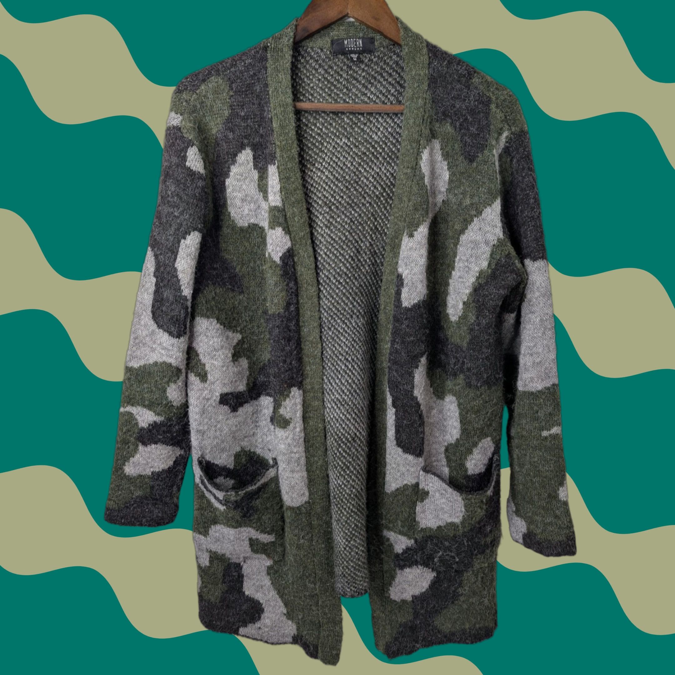 Vintage Modern Canvas Cardigan Women M Green Gray Camo Open Front Sweater Size M / US 6-8 / IT 42-44 - 1 Thumbnail