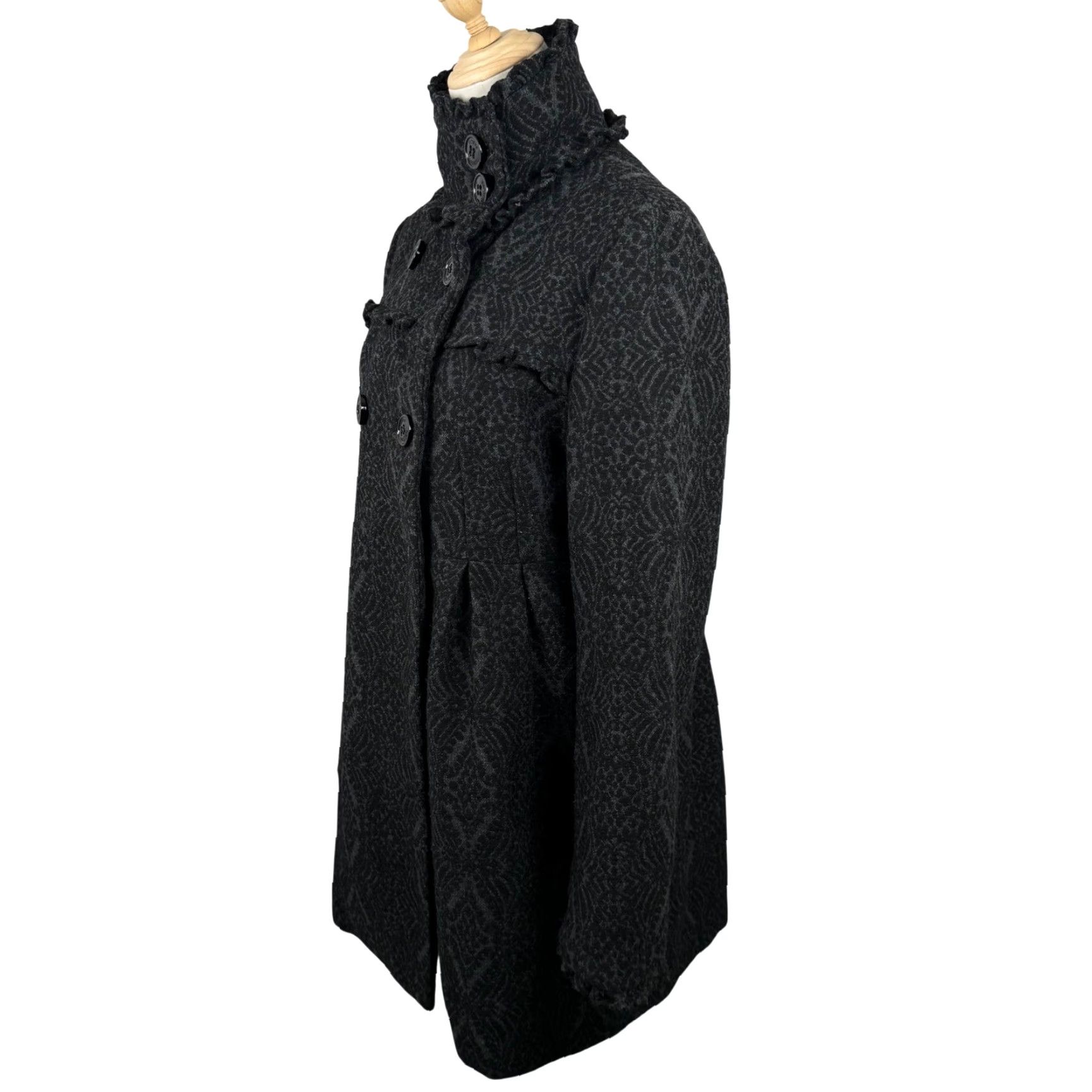 Steve Madden Steve Madden Womens L Pea Coat Grey Black Damask Ruffle Funnel Neck Wool Blend Coat Women L Gray Charcoal Size L / US 10 / IT 46 - 2 Thumbnail