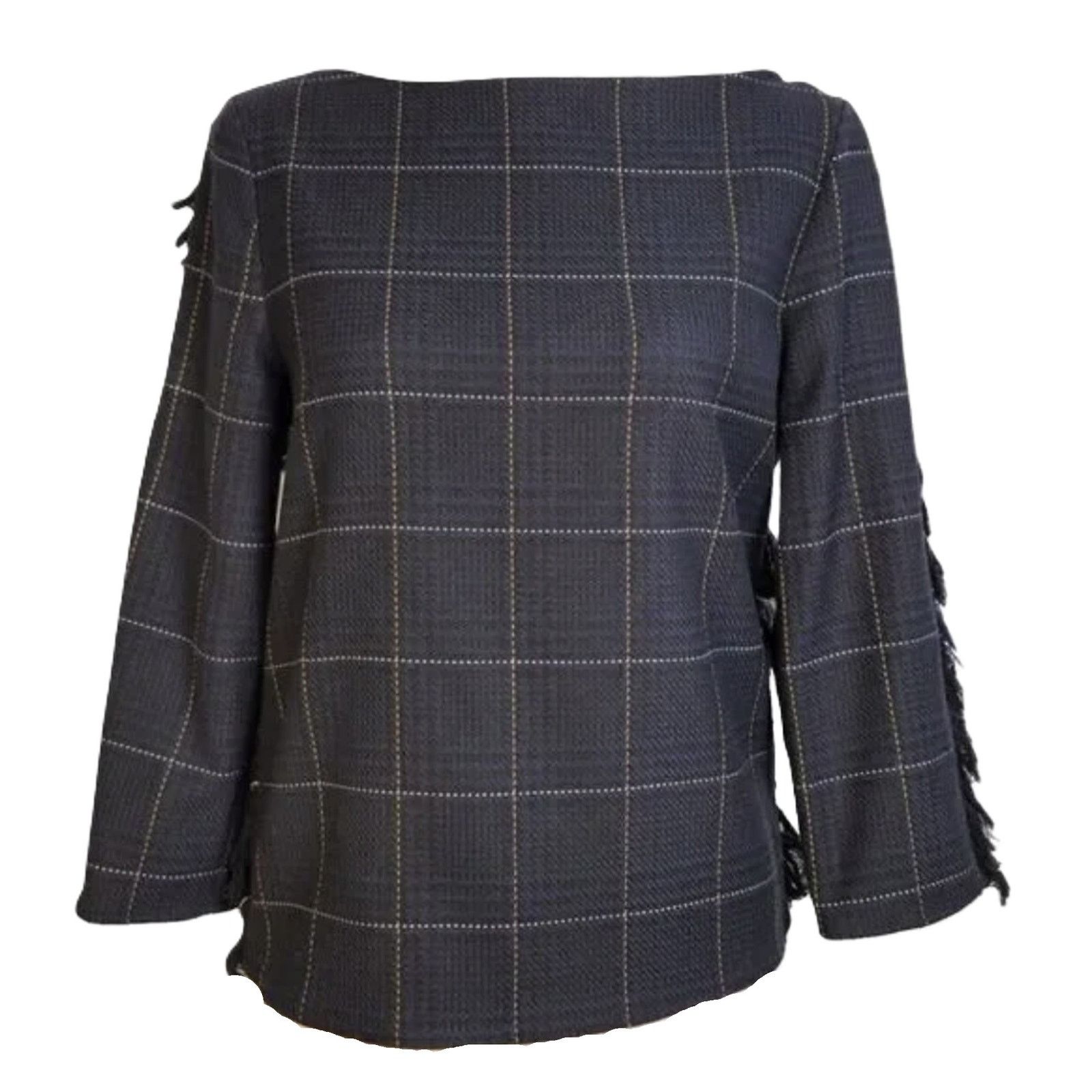 H&M H&M Plaid Fringe Boatneck Top Navy Green 3/4 Sleeve Size 4 Size S / US 4 / IT 40 - 1 Thumbnail