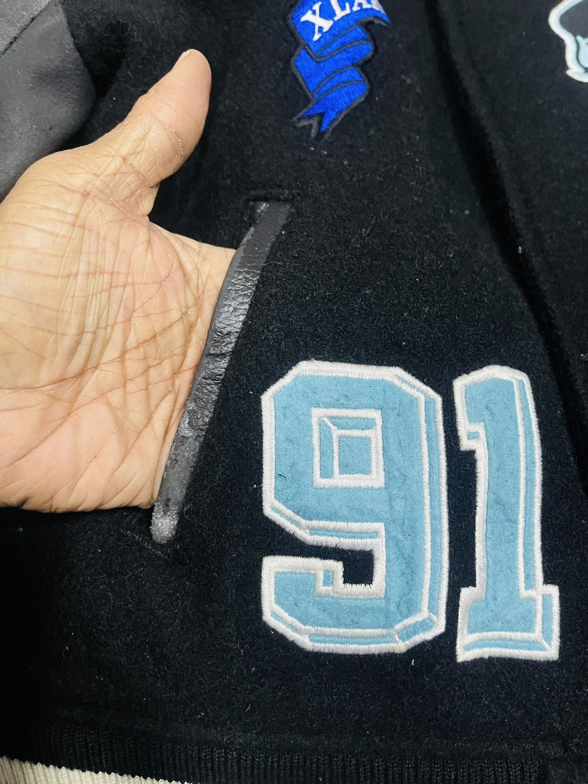 Handmade X Large Wool and Leather Distressed Varsity Jacket (16) Size US L / EU 52-54 / 3 - 13 Thumbnail