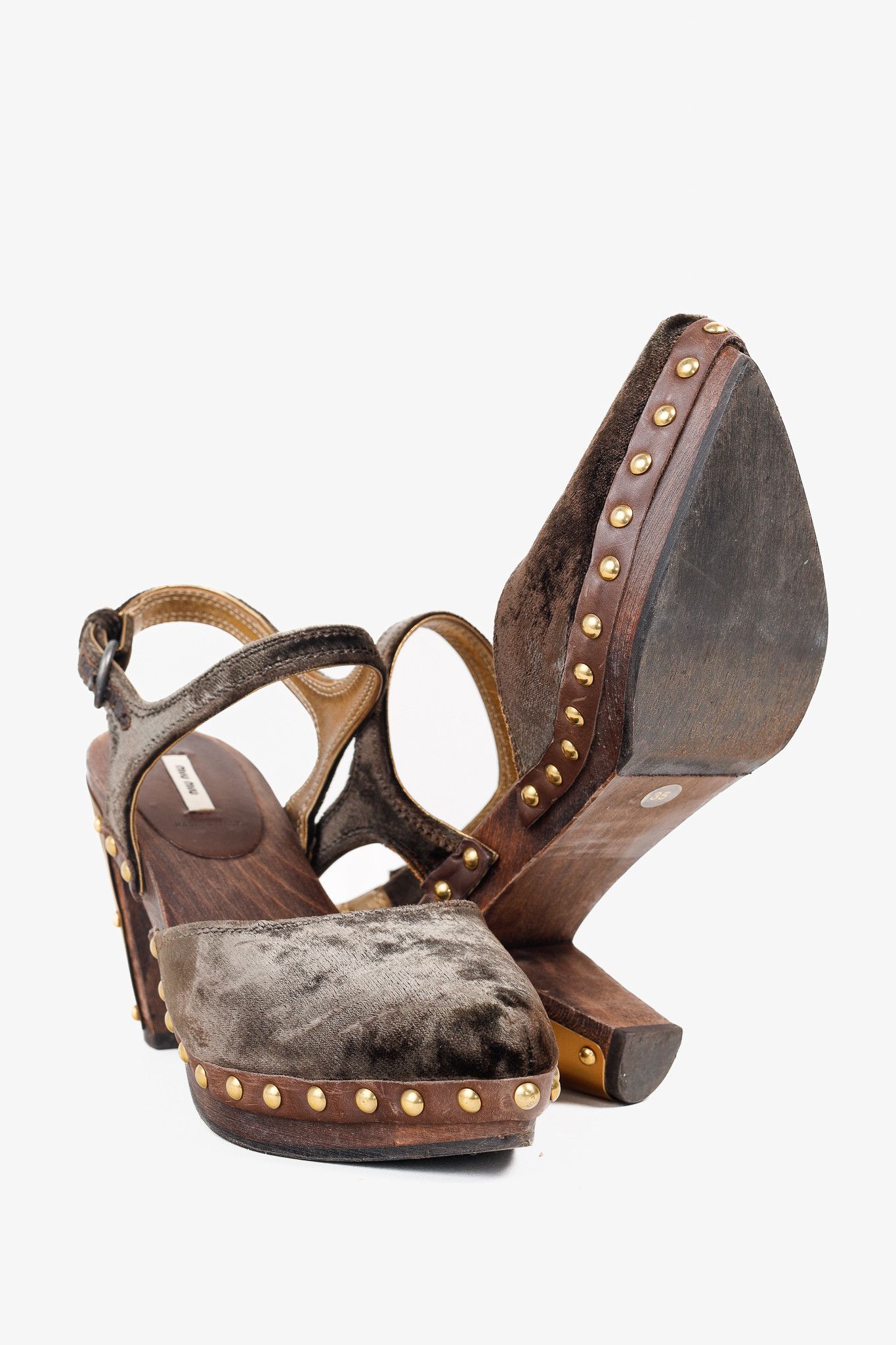 Miu Miu Miu Miu Olive Green Velvet Studded Accent D'Orsay Clogs Size US 4.5 / IT 34.5 - 4 Thumbnail