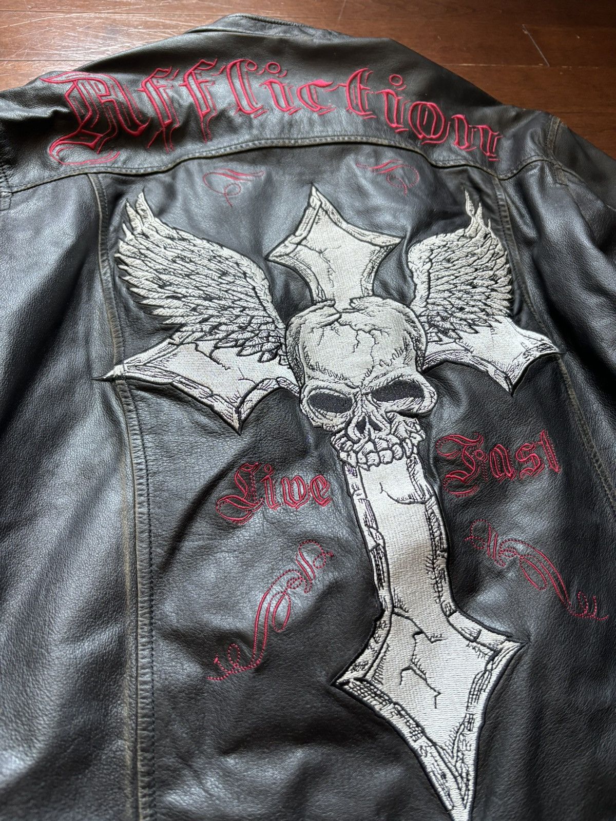 image of Y2K Affliction Cross Leather Jacket in Black, Men's (Size XL)