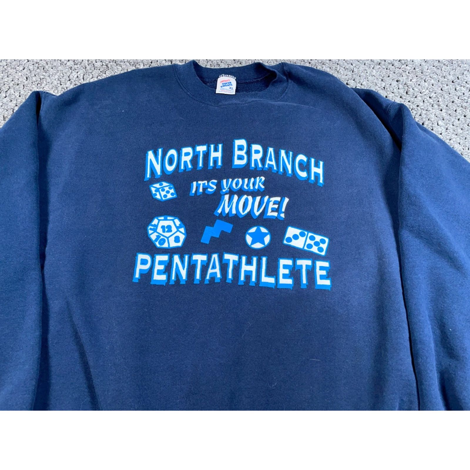 Jerzees VINTAGE Jerzees Sweatshirt North Branch Michigan Pentathlete Adult XL Blue 50/50 Graphic Print 90s City Sports Mens Size US XL / EU 56 / 4 - 5 Thumbnail