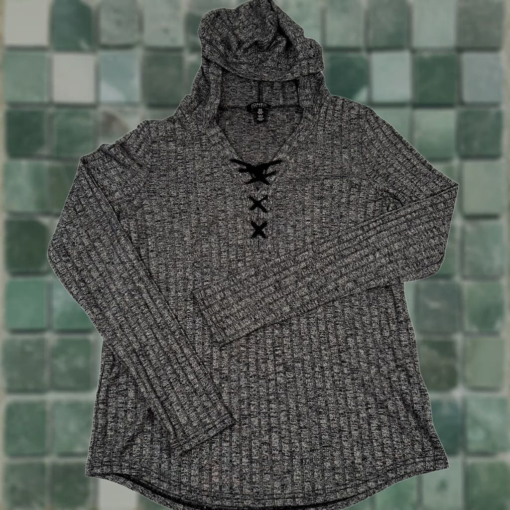 Jones New York Jones New York Shirt Womens Medium Gray Hooded Lace Up Ribbed Thumb Holes T-Shirt Long Sleeve Casual Fall Winter Womens Size M / US 6-8 / IT 42-44 - 1 Thumbnail
