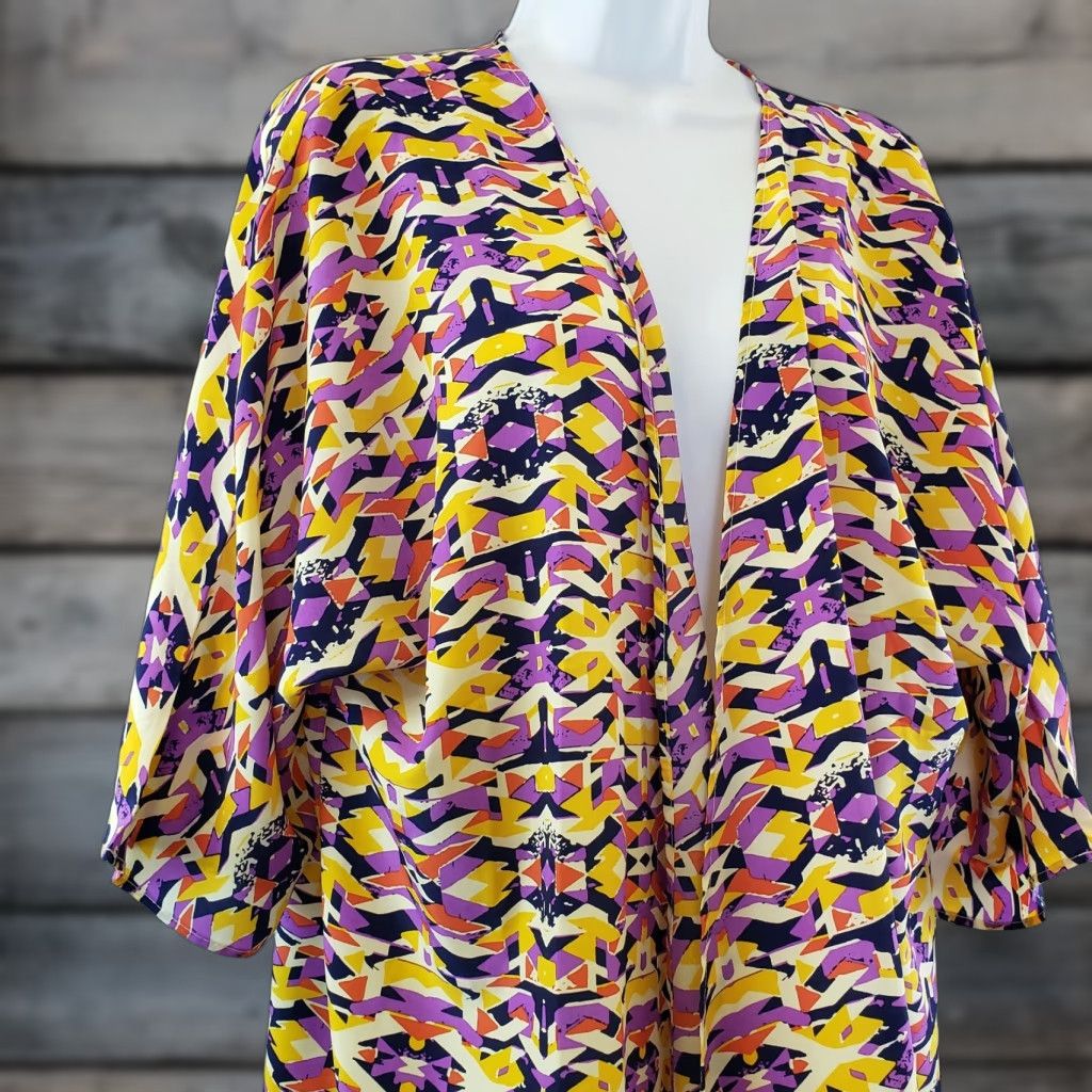 Vintage VINTAGE LuLaRoe Womens Lindsay Blouse Purple Yellow Abstract Open Front Medium M Womens Size M / US 6-8 / IT 42-44 - 1 Thumbnail