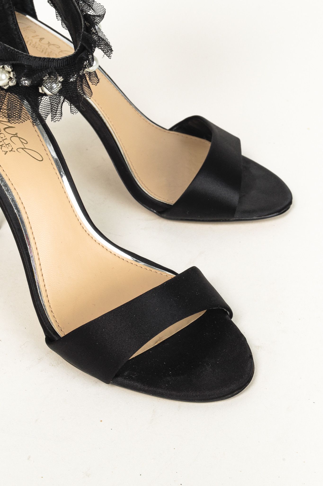 Badgley Mischka Badgley Mischka Jewel Black Tulle Ruffle and Pearl Sandals Size US 5.5 / IT 35.5 - 6 Thumbnail
