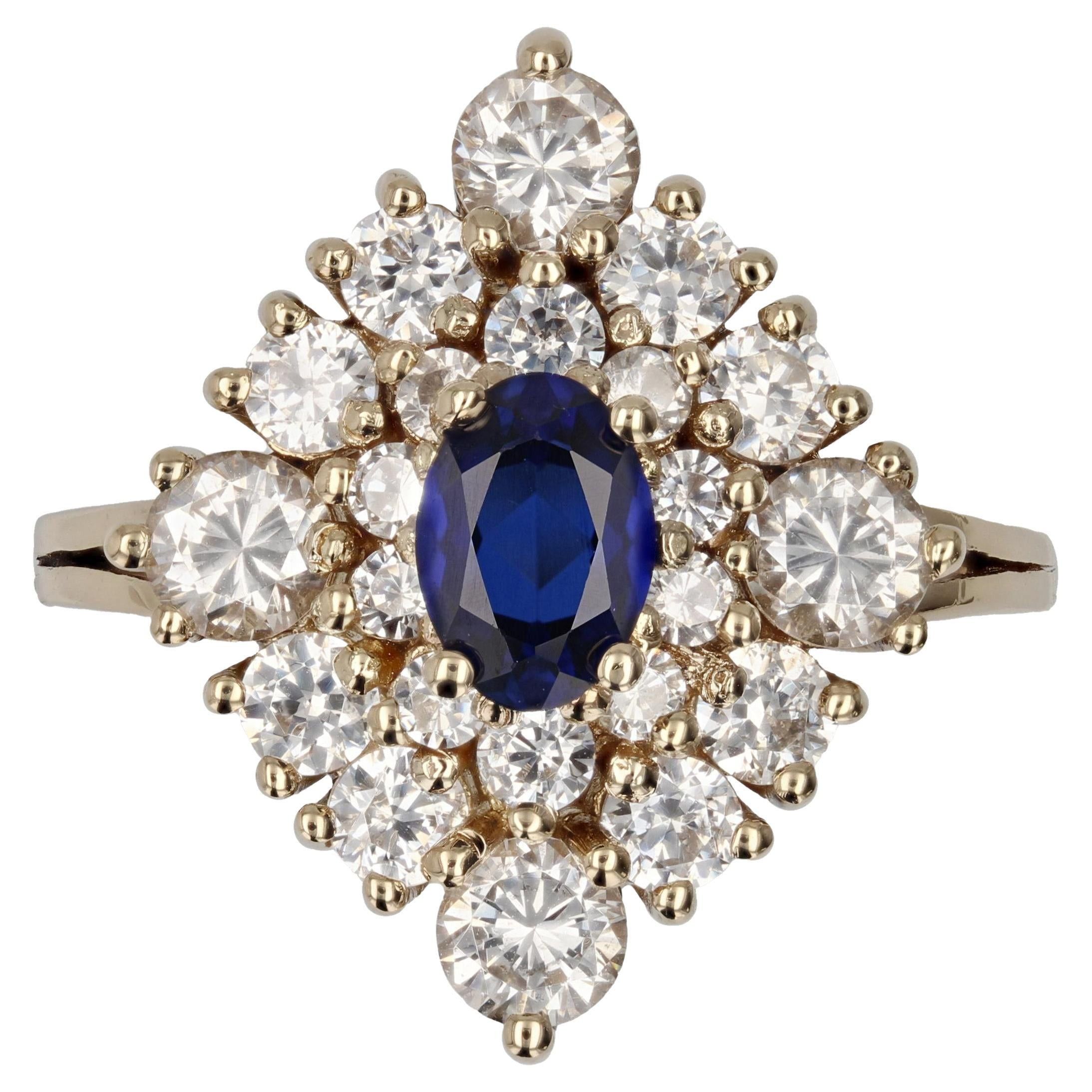 image of Vintage Modern Synthetic Blue And White Gems 18 K Yellow Gold Diamond Shape Ring, Women's