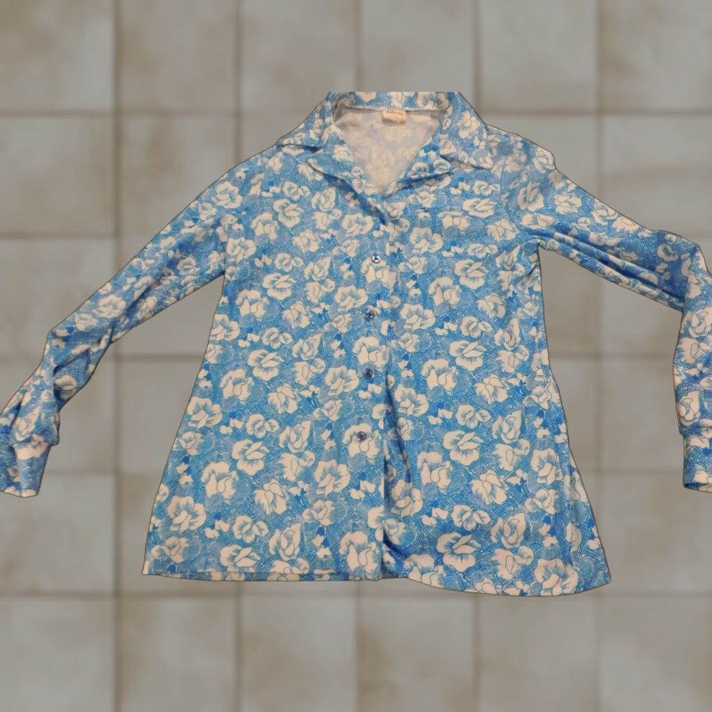 Vintage Aileen Blouse L Womens Blue Floral Long Sleeve Button Down Pullover Casual Rayon Polyester Lightweight Regular Modern Basic Mens? Size L / US 10 / IT 46 - 1 Thumbnail