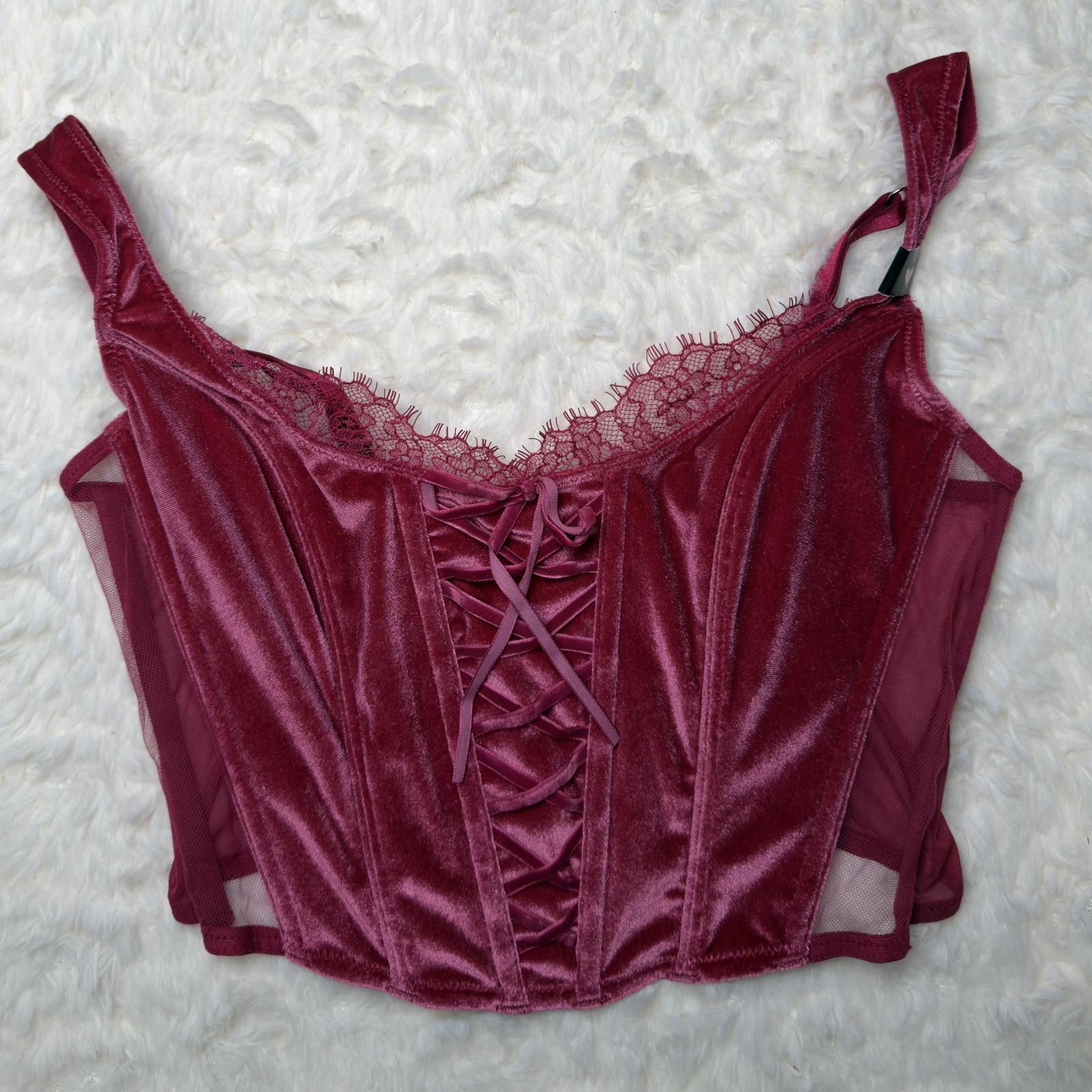 Other NWT Victoria's Secret Dark Pink Velvet Lace-Up Corset Top Size M / US 6-8 / IT 42-44 - 1 Thumbnail