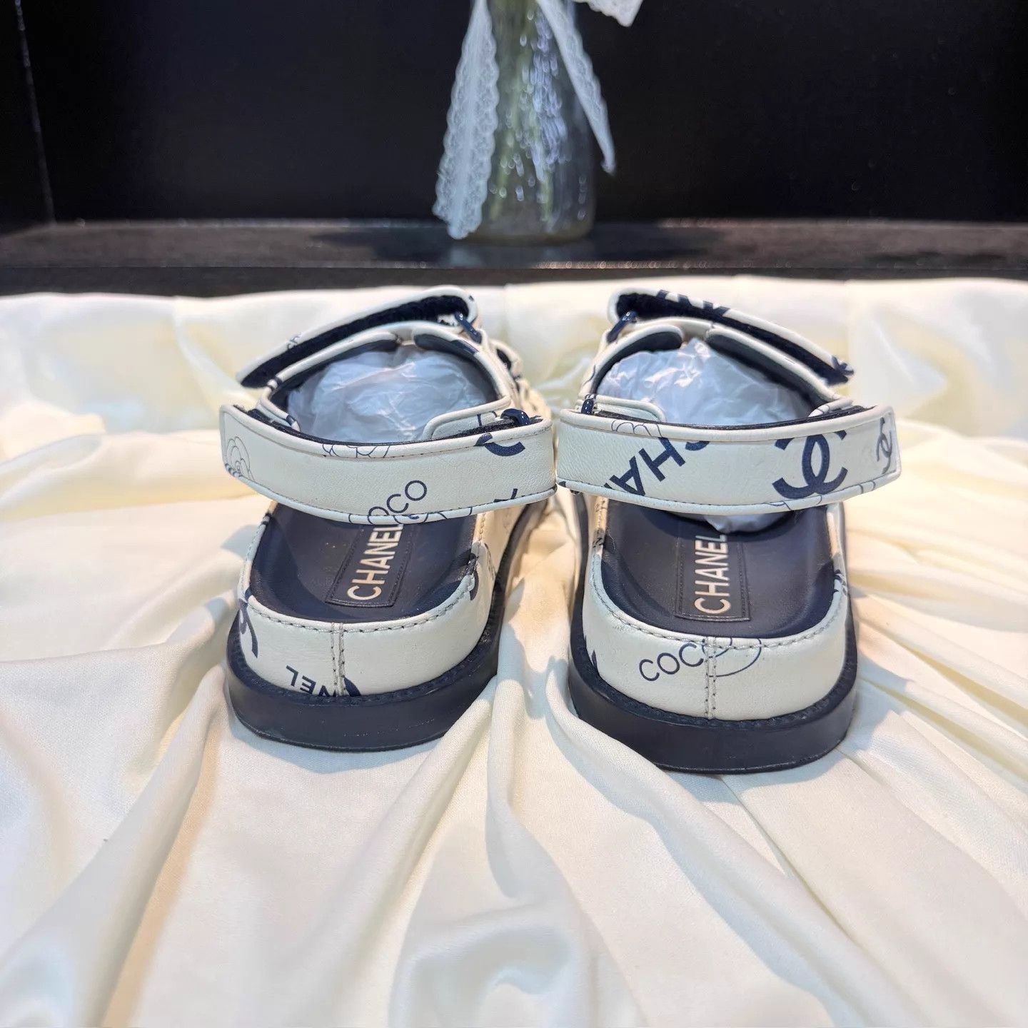 Chanel CHANEL White Blue CC Allover Velcro Sandal 36 95N Size US 5.5 / IT 35.5 - 3 Thumbnail