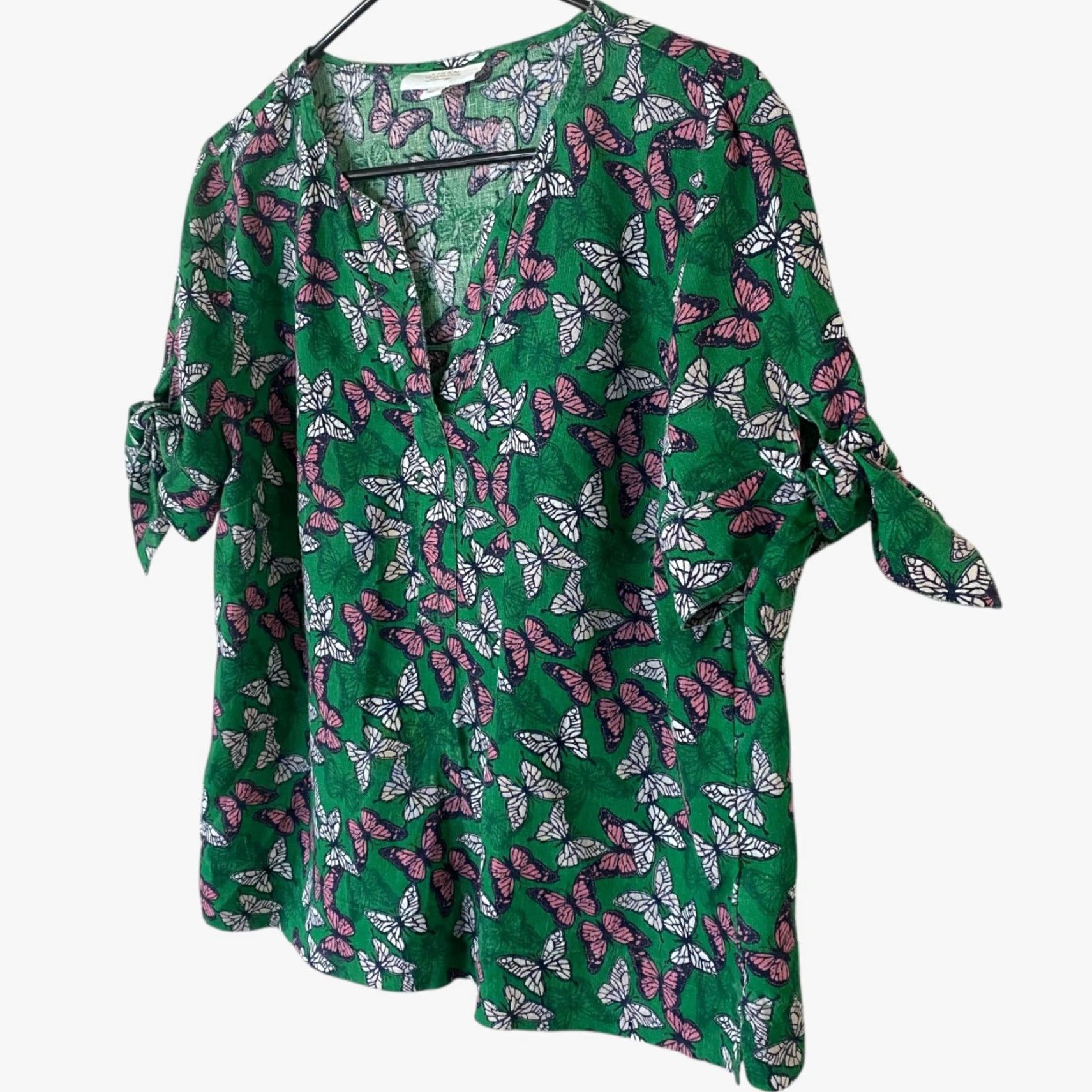 Charter Club VINTAGE Charter Club Linen Butterfly-Print Tie-Sleeve Top Green Women's Size Medium Size M / US 6-8 / IT 42-44 - 2 Thumbnail