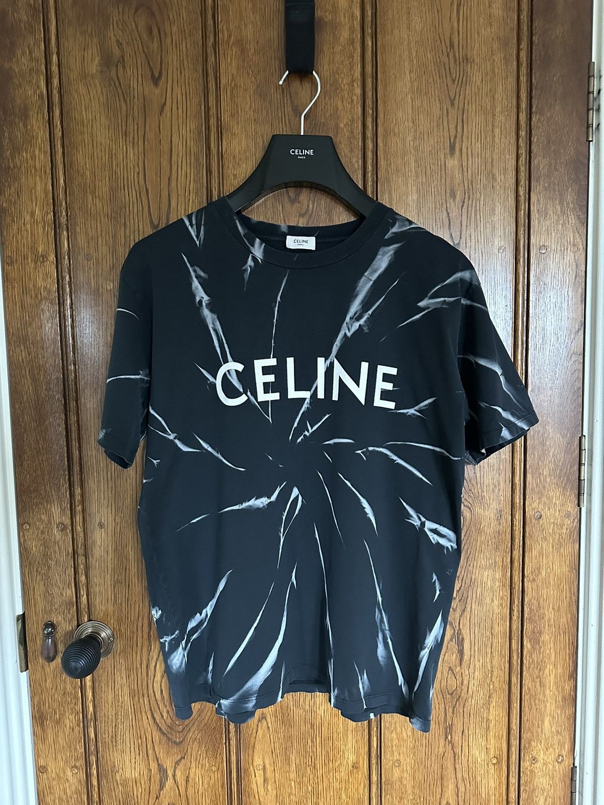 Celine Celine black white tie dye logo t shirt Hedi Slimane | Grailed
