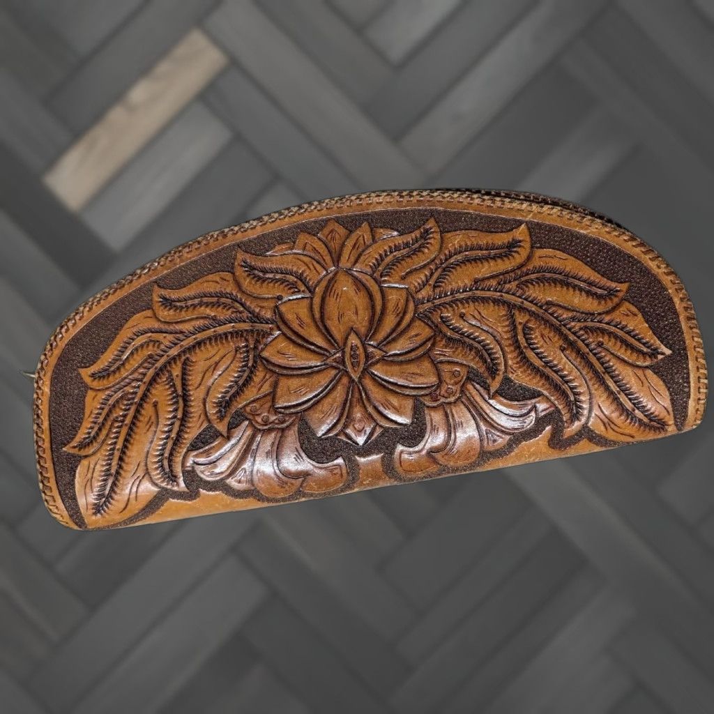 Vintage VINTAGE handcrafted leather bag Western tote 15" saddle bag Tooled brown Unisex Adults Bag 15x7 Leather Cowhide Zip Mens Womens Size ONE SIZE - 1 Thumbnail