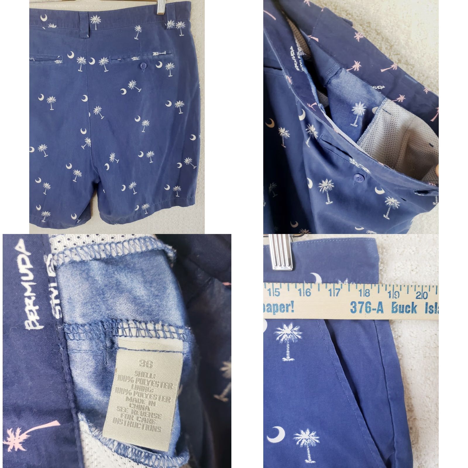 Vintage Bermuda Styles Men's Shorts 36x8 Blue Palmetto & Crescent Moon SC State Flag Flat Front Regular Inseam 8" Cotton Polyester Casual Size US 36 / EU 52 - 8 Thumbnail