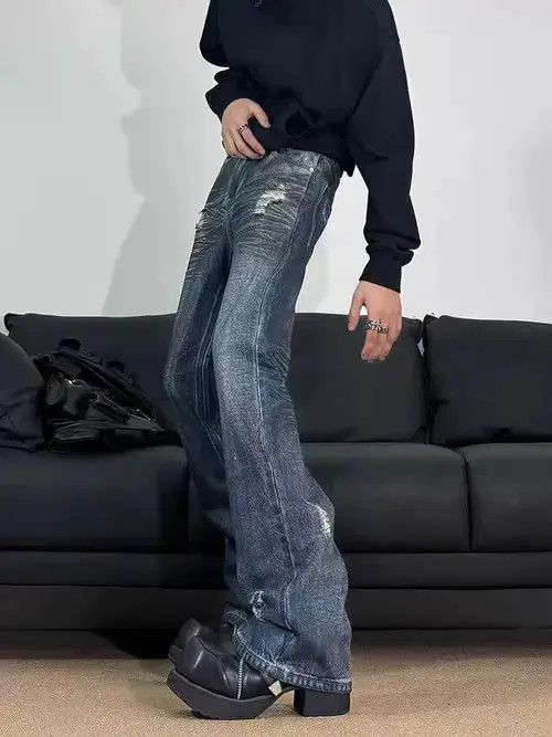 Jean Retro High Street Trendy Loose Wide Leg Printed Jeans Size US 32 / EU 48 - 4 Thumbnail