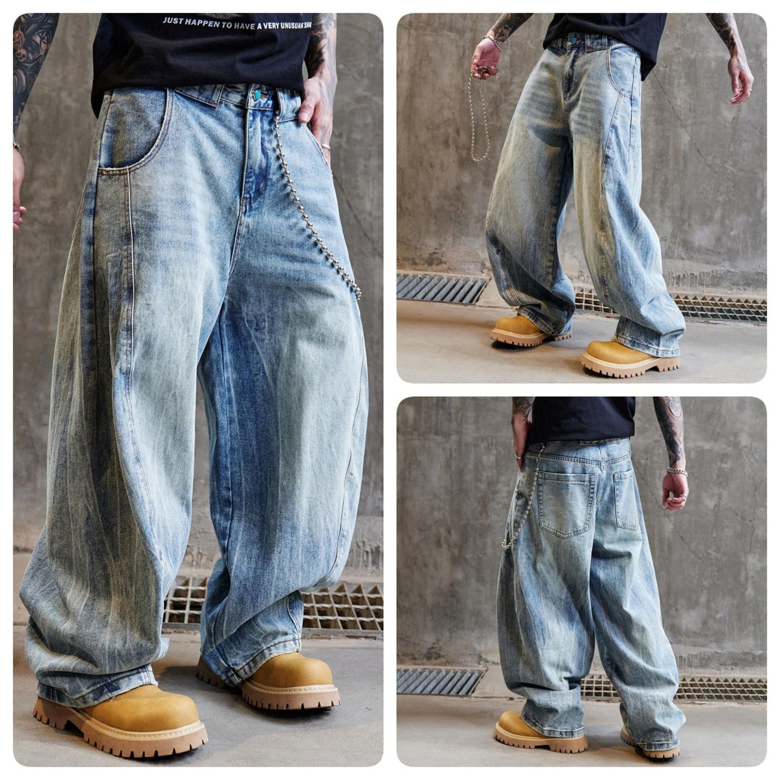 Jean Light Blue Distressed Baggy Wide Leg Jeans, Relaxed Fit Size US 30 / EU 46 - 4 Thumbnail