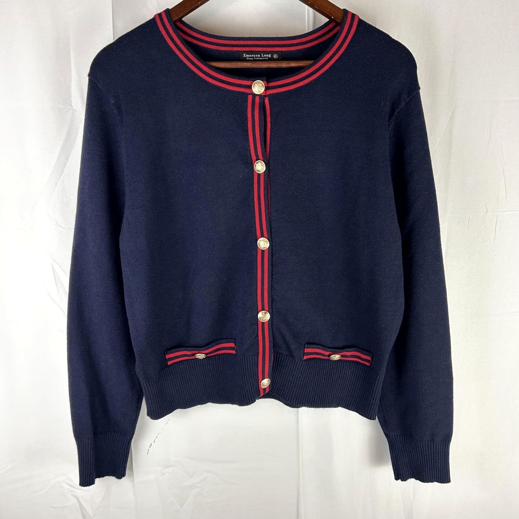 Vintage Emerson Lang Cardigan Sweater Womens XL Navy Crew Neck Stripe Trim Gold Button Size XL / US 12-14 / IT 48-50 - 2 Thumbnail