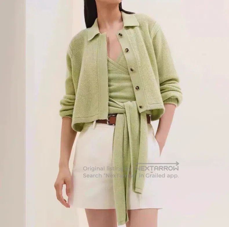 Hermes Hermes 25 light green cashmere lapel long-sleeved knit car Size S / US 4 / IT 40 - 8 Thumbnail