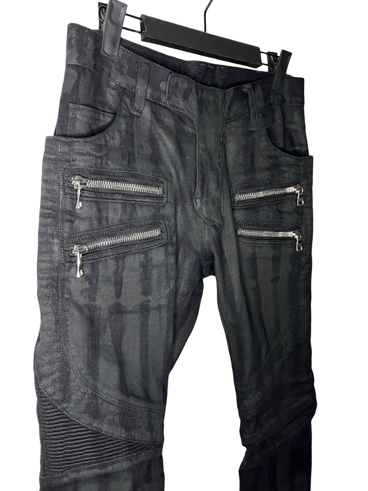 Balmain SUPER RARE! 4-zipper pinstripe waxed biker denim
