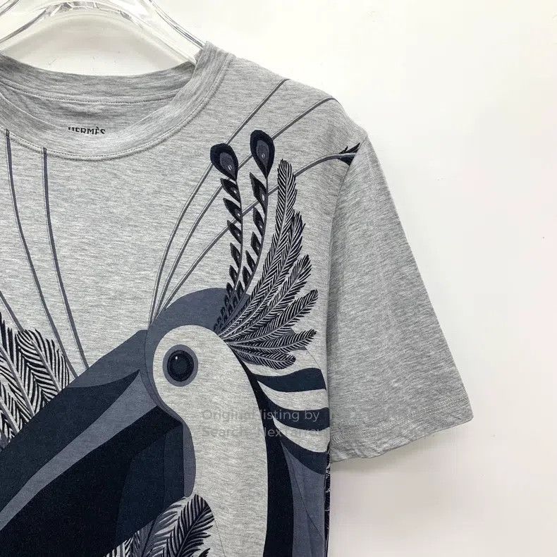 Hermes Hermes Gray Large Beak Bird Printed Cotton Round Collar Sh Size XXS / US 00 / IT 34 - 3 Thumbnail