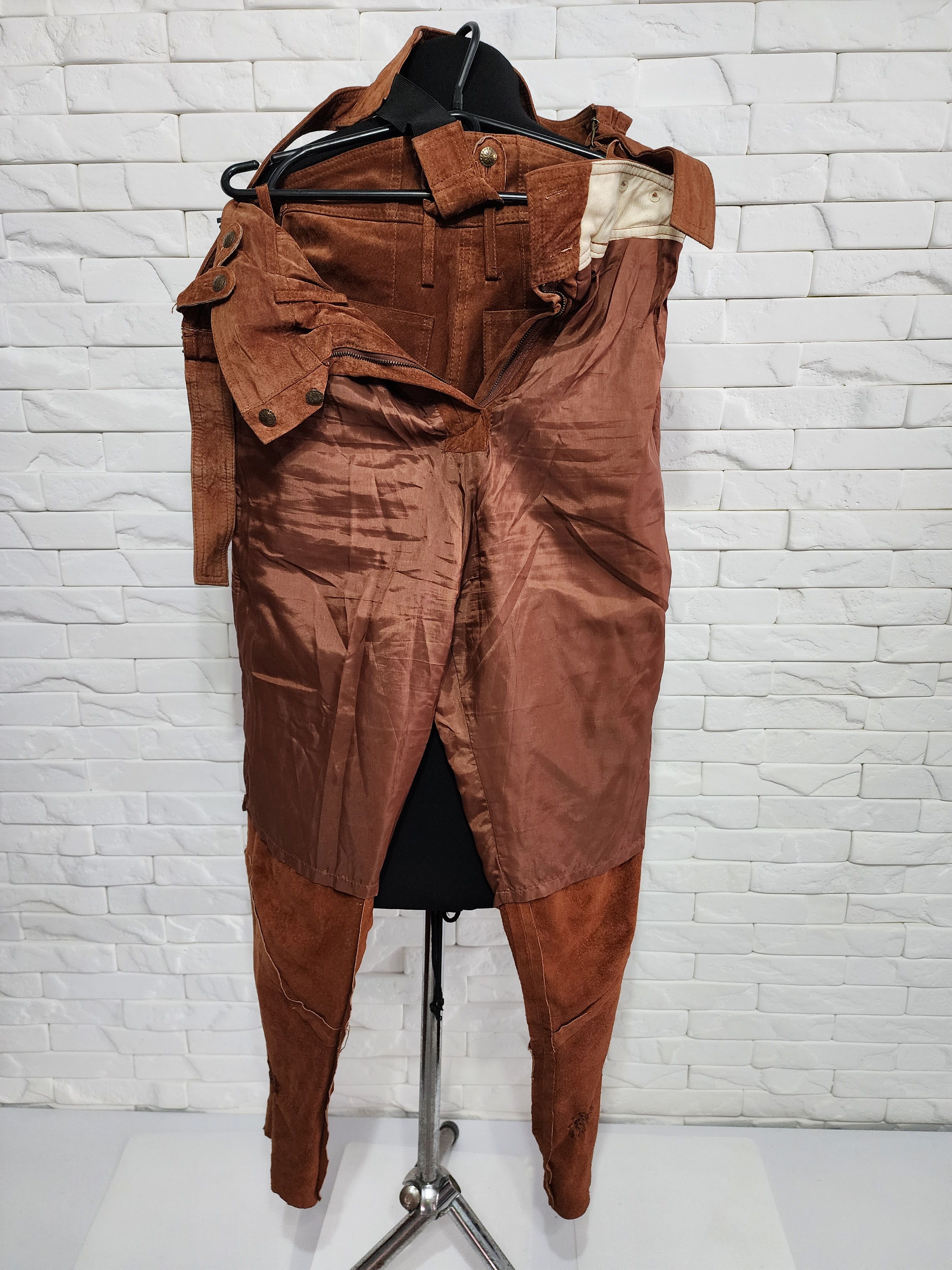 Genuine Leather Brown women's pants with pockets and suspenders. Size 34" / US 12 / IT 48 - 9 Thumbnail