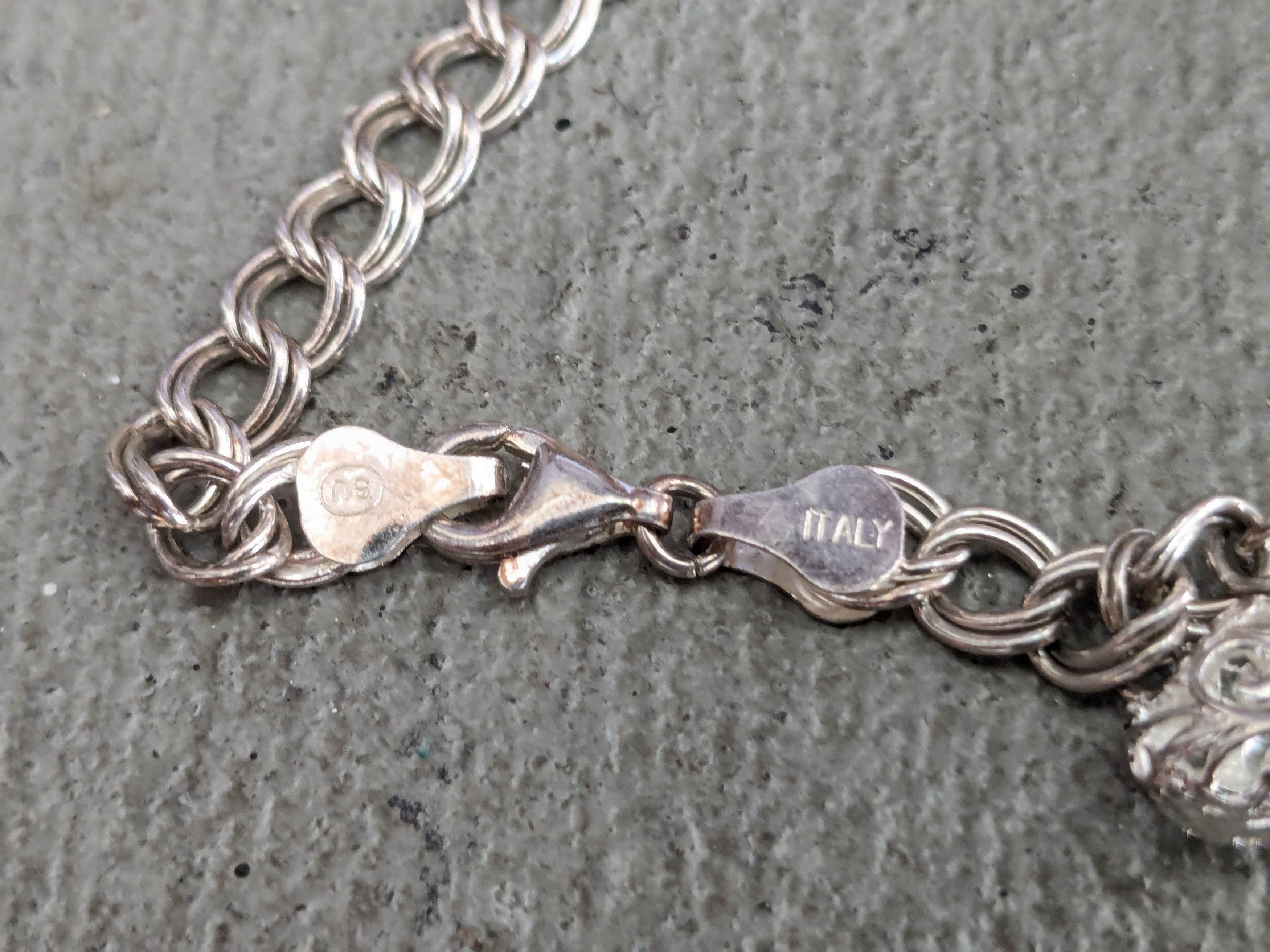Jewelry Sterling Silver Bracelet Double Curb Heart Charm 7" Italy Size ONE SIZE - 7 Thumbnail