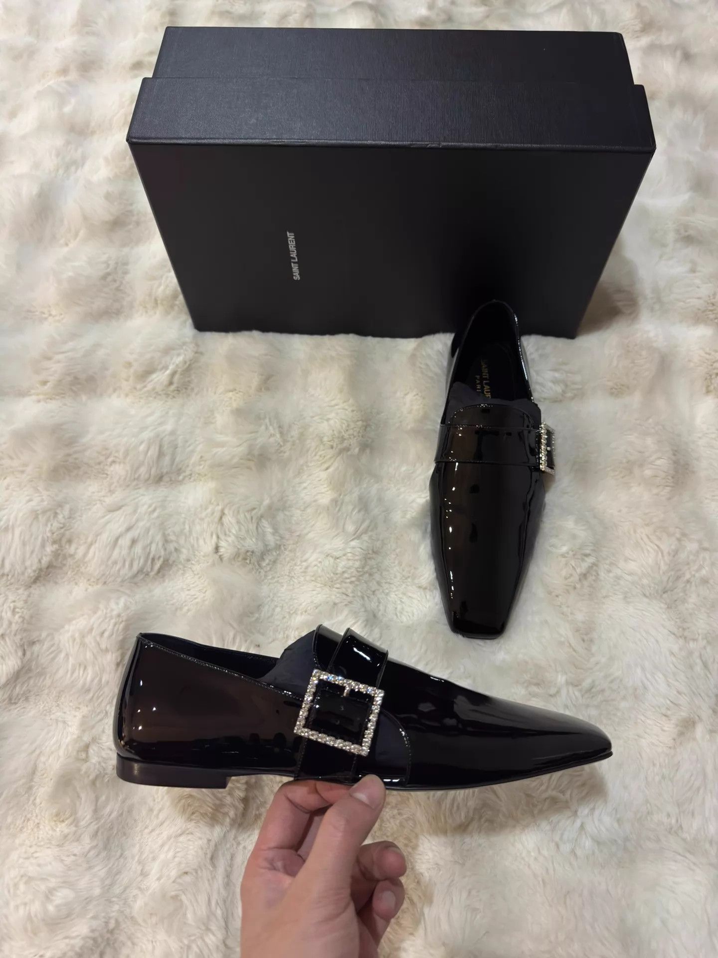 Saint Laurent Paris YSL Runway Crystal Square-Buckle Patent Loafers Men 40 New Size US 7 / EU 40 - 2 Thumbnail