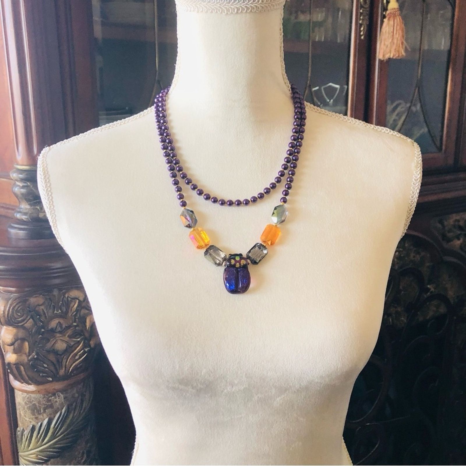 Handmade Handcrafted double strand Pearl scarab pendant necklace Size ONE SIZE - 4 Thumbnail