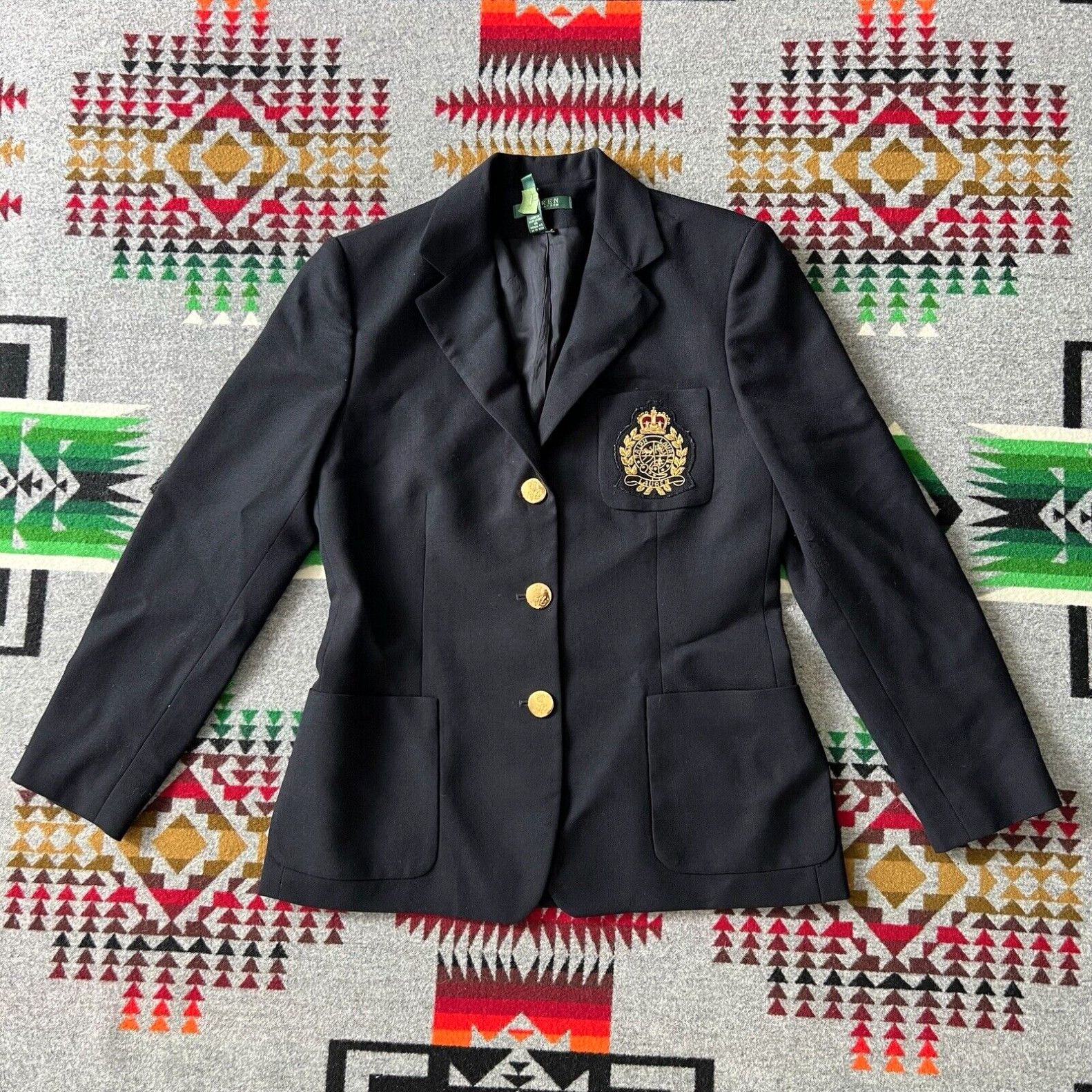 image of Lauren Ralph Laurent Blazer Jacket Women’S Size 4 Black Wool Crest Vintage B9 in White, Women's