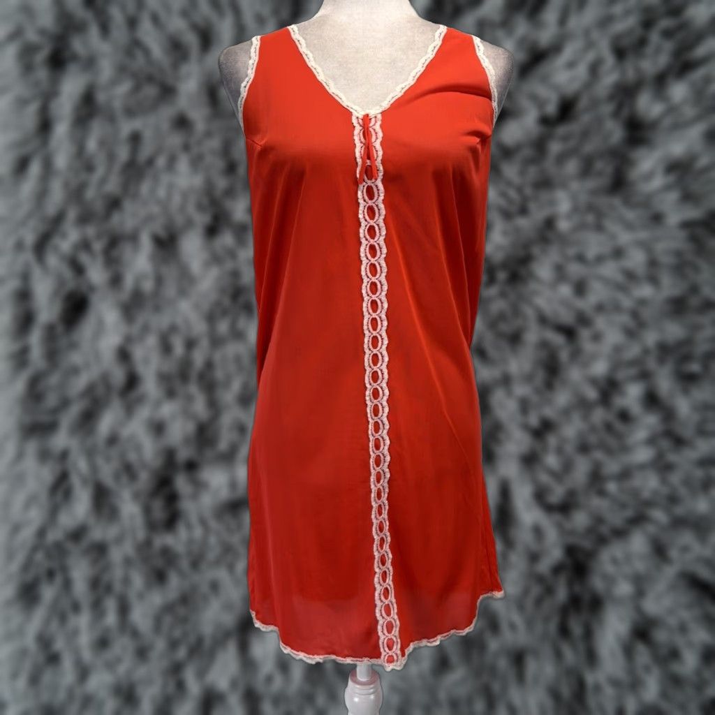 Vintage VINTAGE Formfit Rogers Nylon Nightgown Small Women's Orange Lace Trim Sleevesless 1970s Size ONE SIZE - 1 Thumbnail