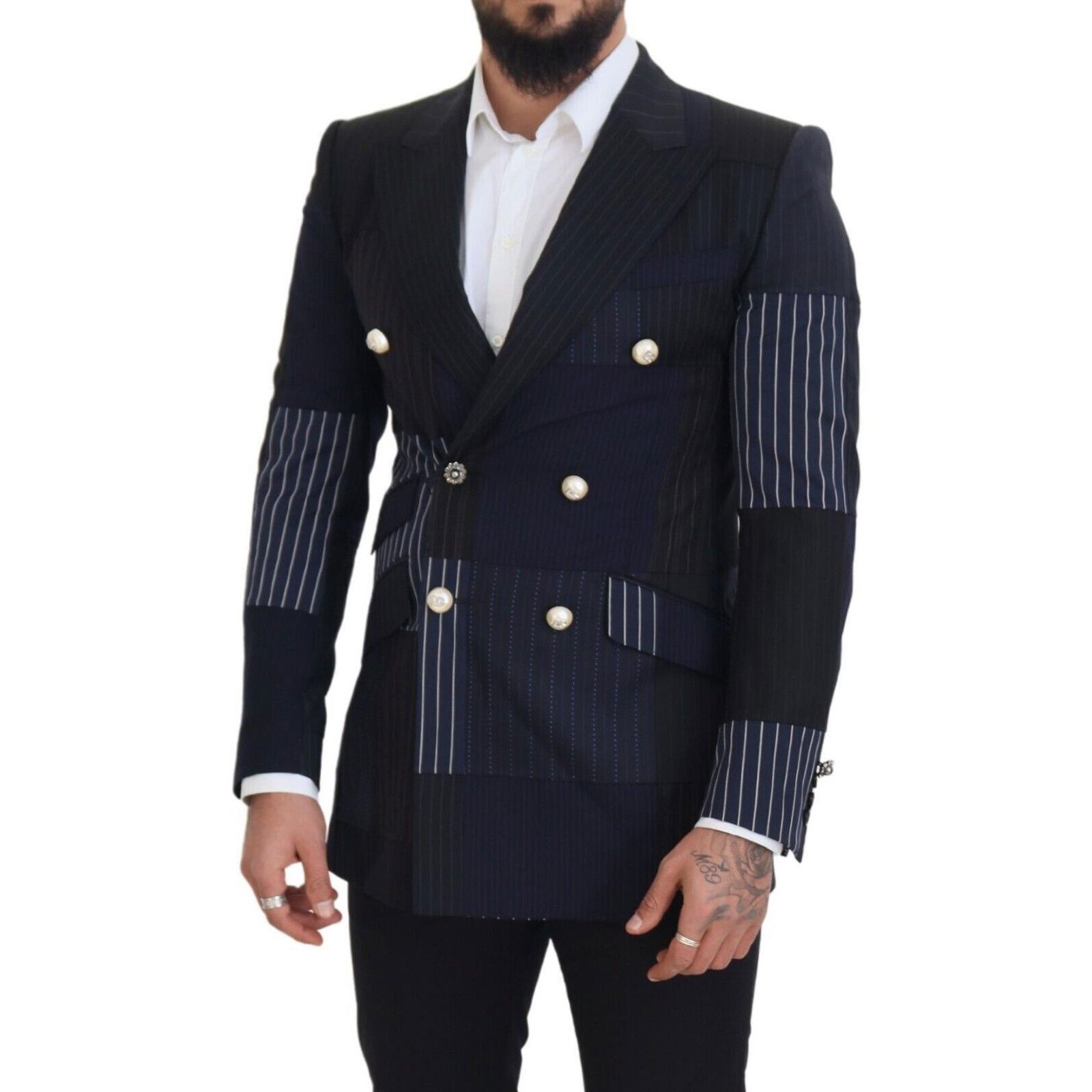 Dolce & Gabbana Dolce & Gabbana Blue Wool Patchwork Double Breasted Blazer Size 46S - 5 Thumbnail