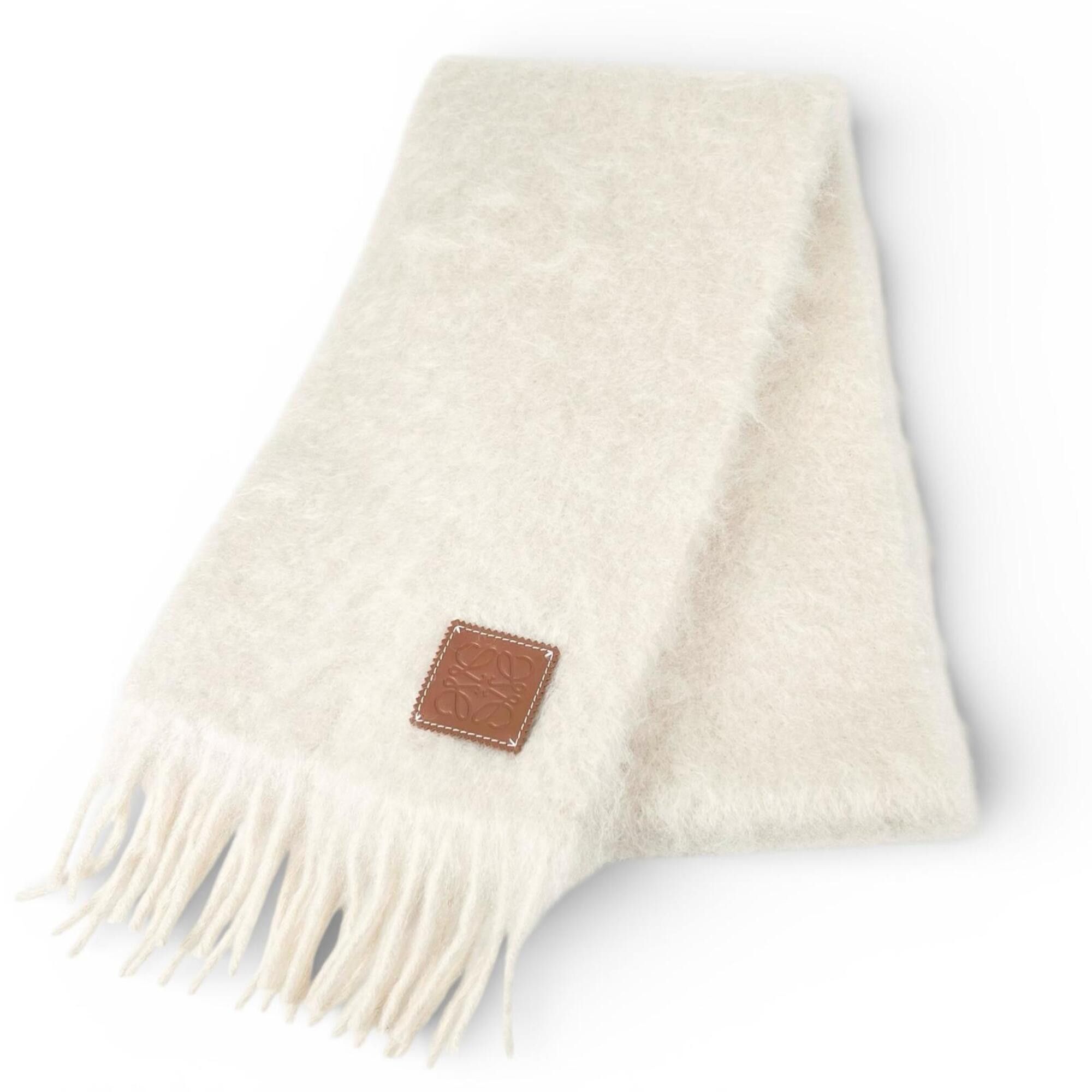 Loewe LOEWE Mohair Wool Anagram Leather Patch Fringe Scarf, Ivory, Made in Spain, Authentic, Women's Size ONE SIZE - 1 Thumbnail