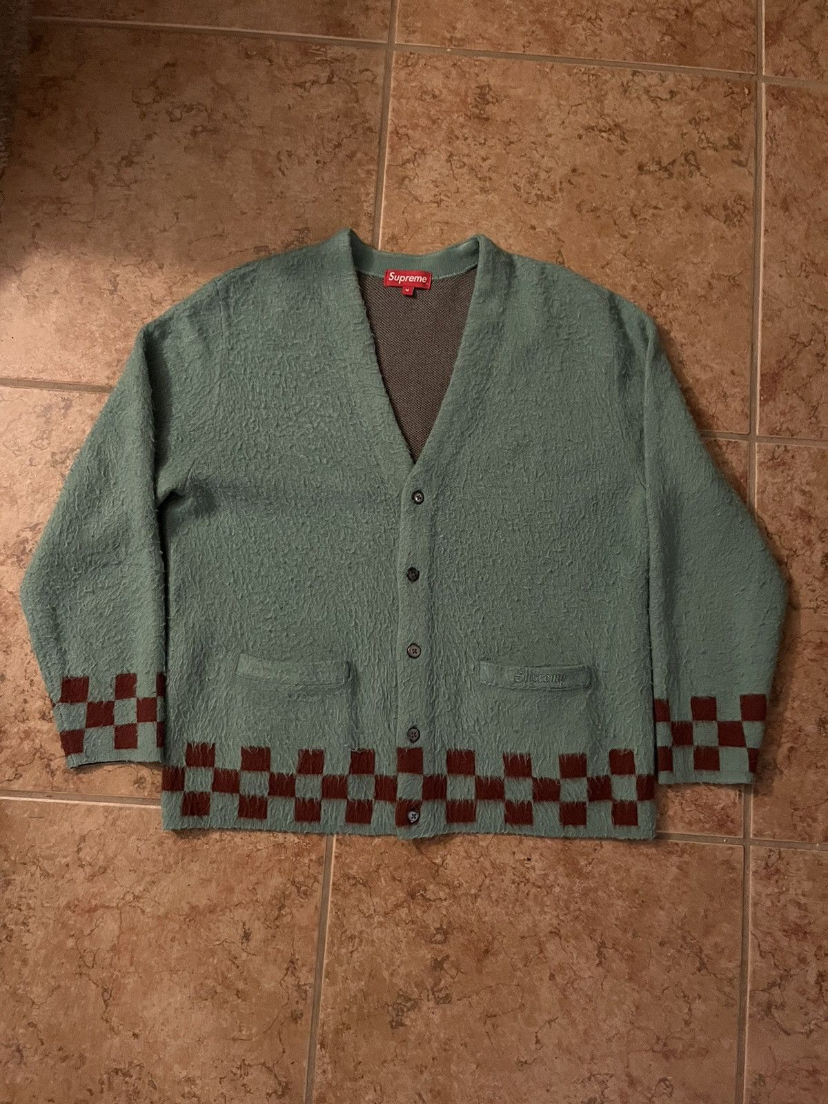 image of Ss21 Supreme Checkered Shaggy Cardigan in Green, Men's (Size Medium)