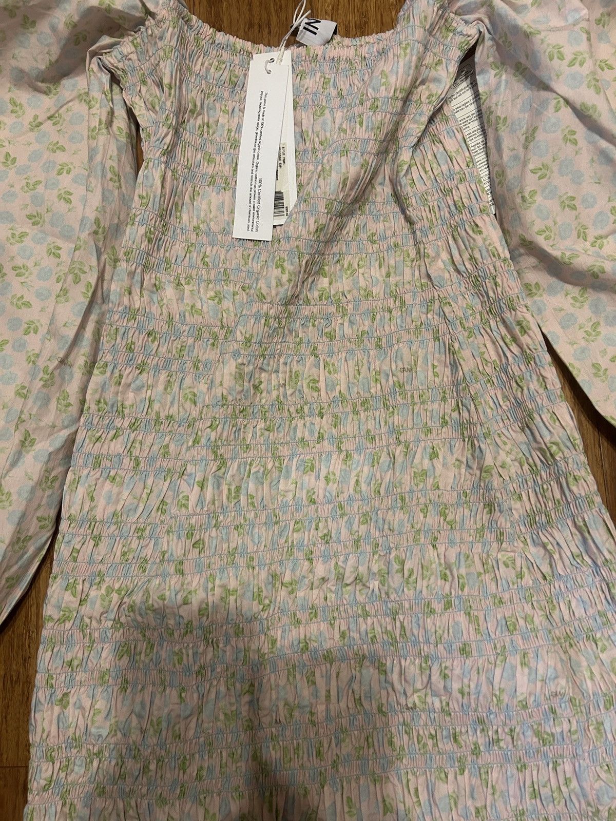Ganni GANNI Shirred floral-print cotton mini dress Pastel pink Size L / US 10 / IT 46 - 9 Thumbnail