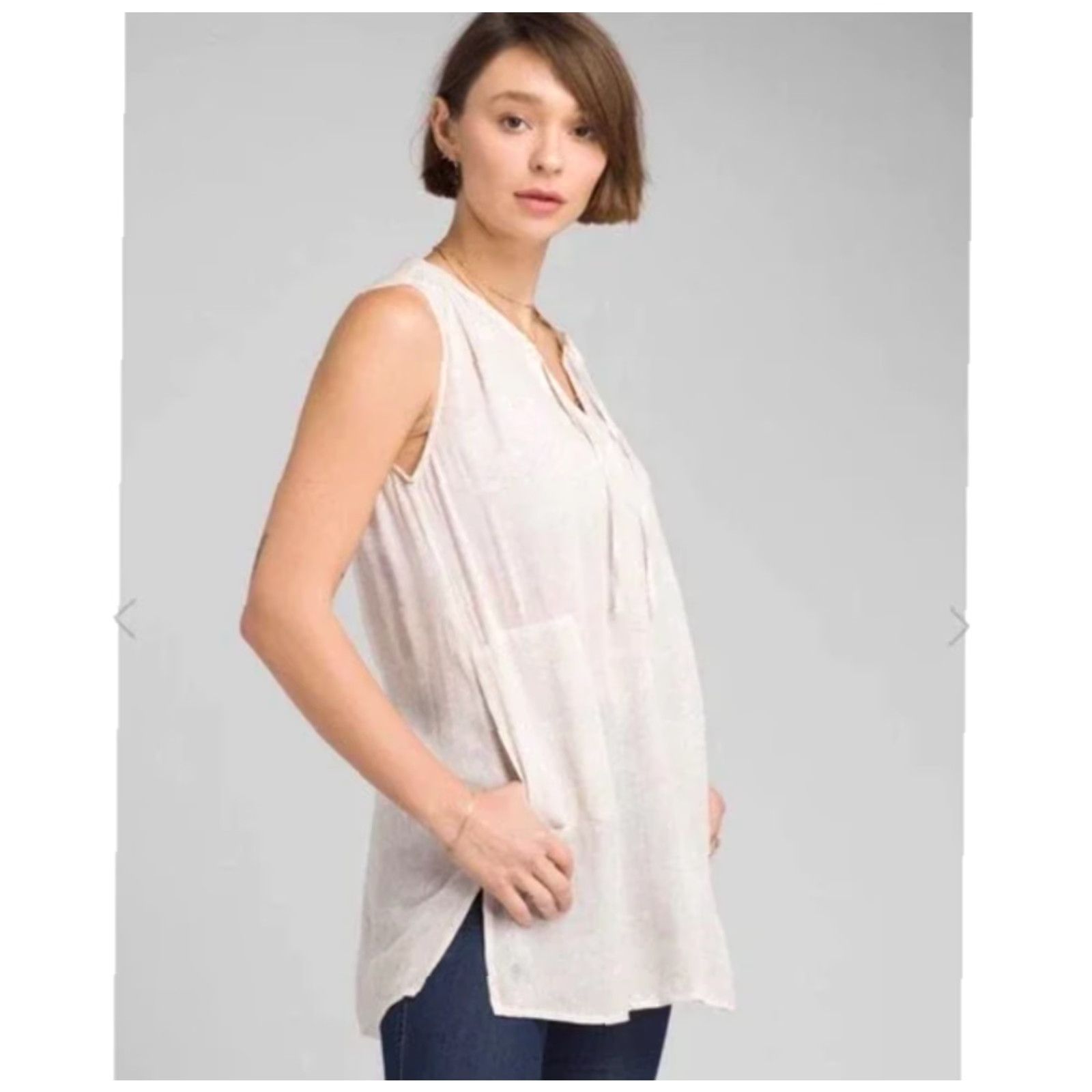 Prana Prana Womens |S| Natassa Crinkled Sleeveless Tunic Beige V-Neck Pockets Lightweight Beach Tunic 100% Lenzing Modal Regular S Womens Size S / US 4 / IT 40 - 2 Thumbnail